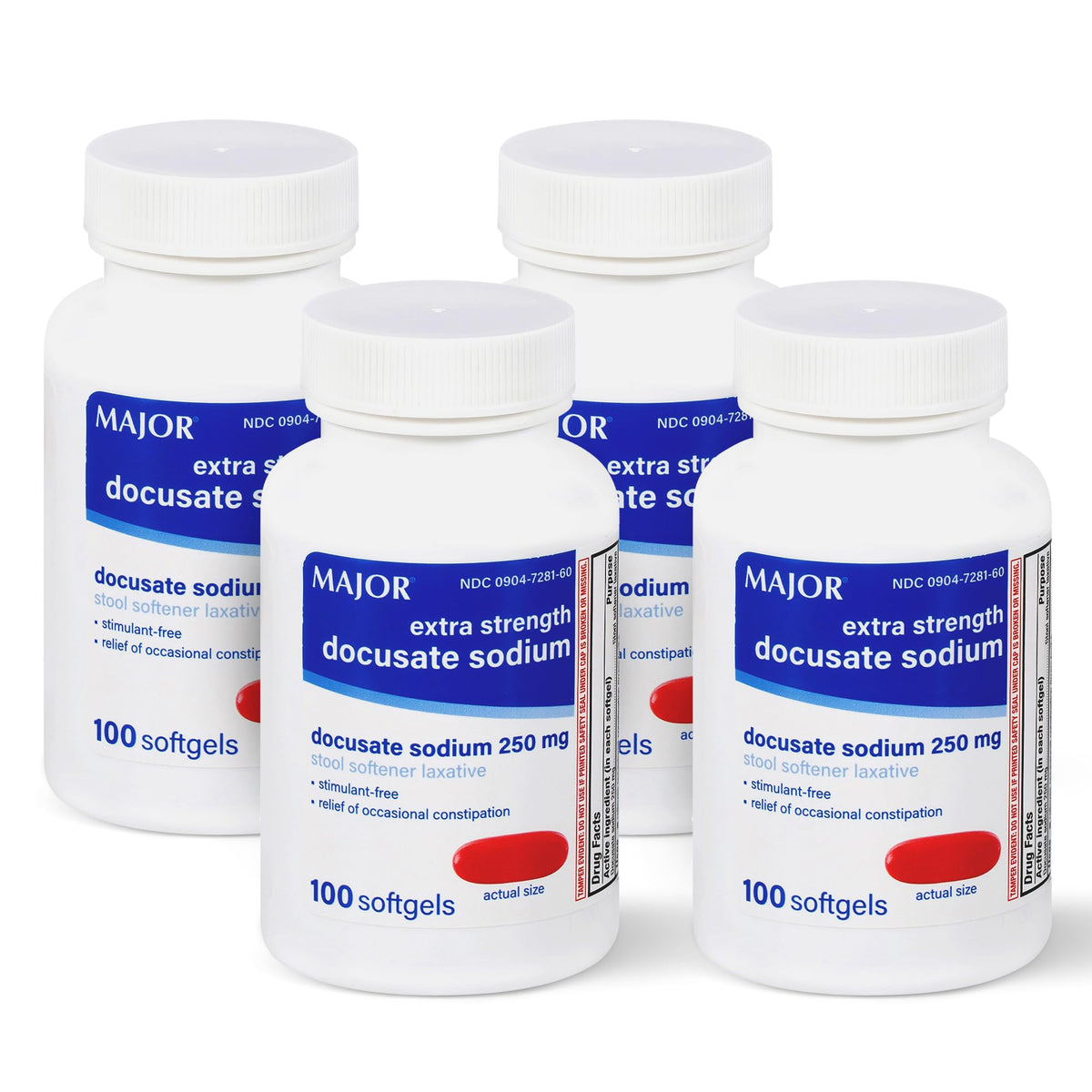 MAJOR Docusate Sodium 250 mg botella de 100 cápsulas, alivio suave para estreñimiento ocasional