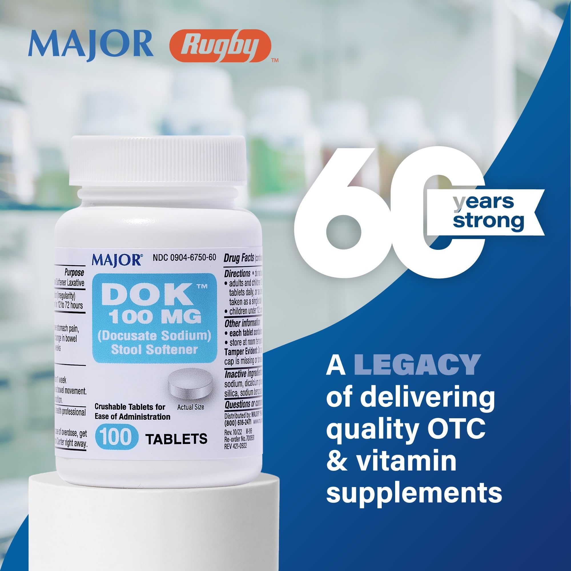 MAJOR Docusato Sodium empaque 100 tabletas, fácil almacenamiento y dosificación diaria.