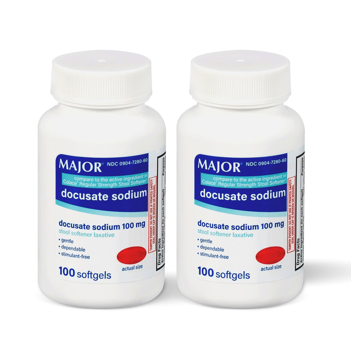 MAJOR Docusato de sodio 100 mg: cápsulas blandas en botella para suavizar heces de forma suave.