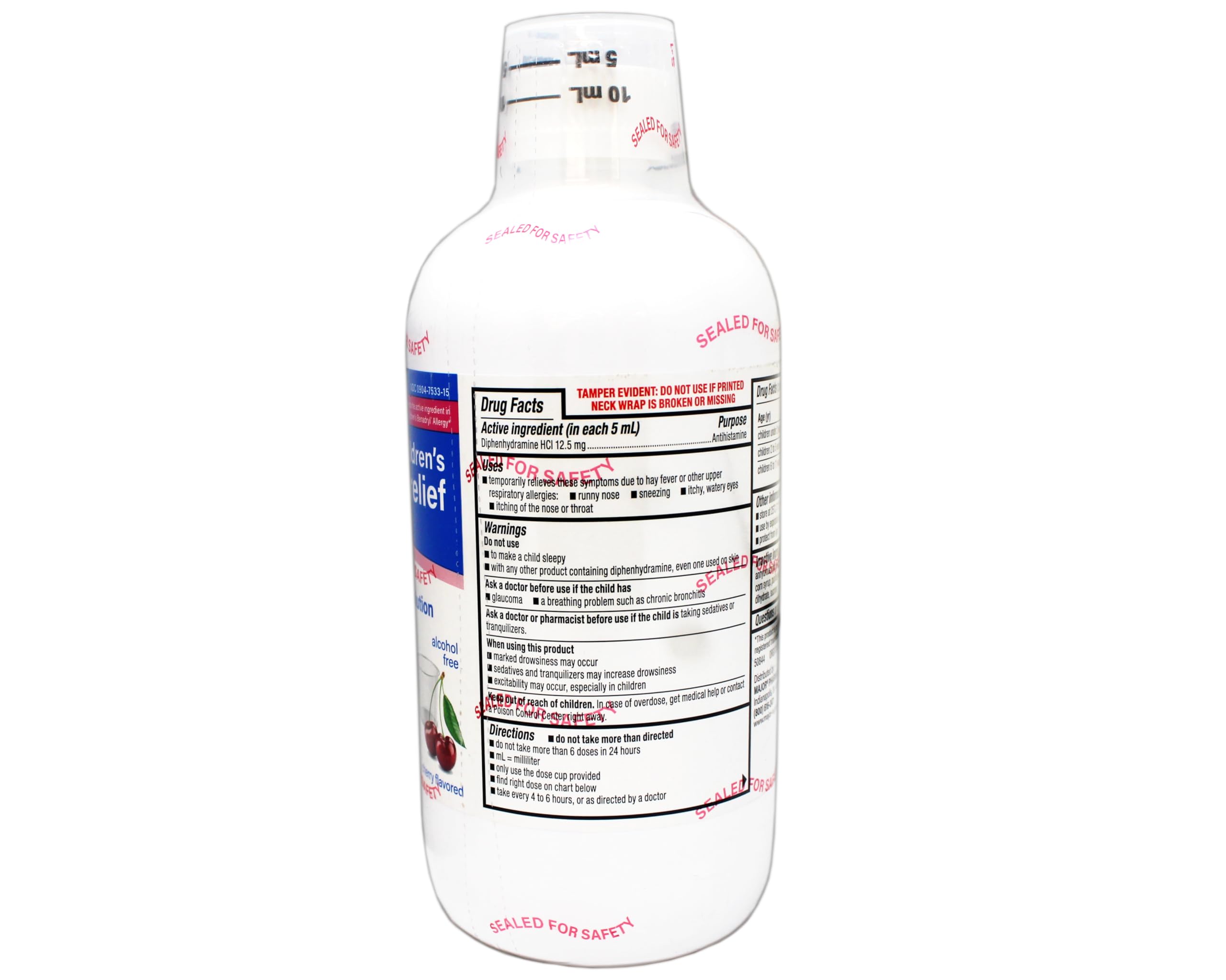 Dosis de 5 mL de difenhidramina HCl en MAJOR para uso pediátrico