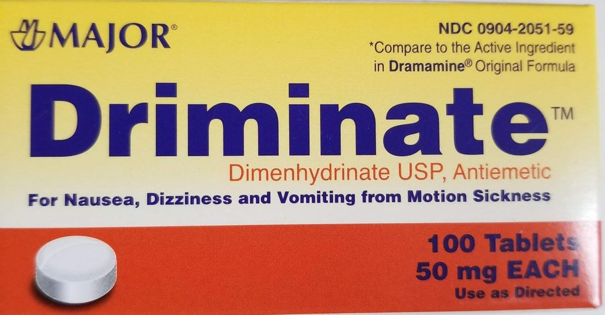 Major Driminate Dimenhidratina 50 mg, bote de 100 cápsulas, uso para mareo por movimiento.