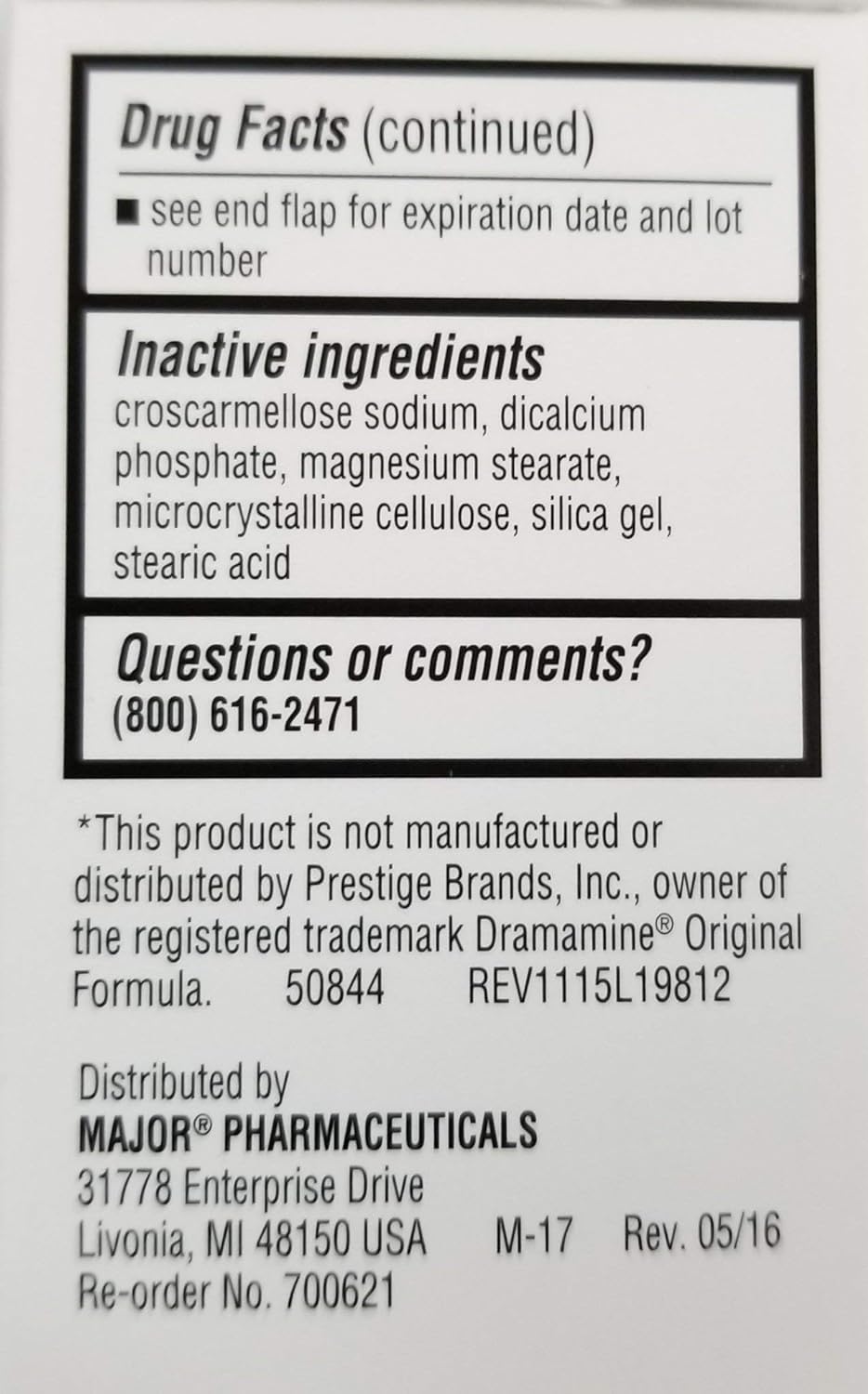 Major Driminate Dimenhidratina, caja exterior y empaque, fácil de identificar en tienda.