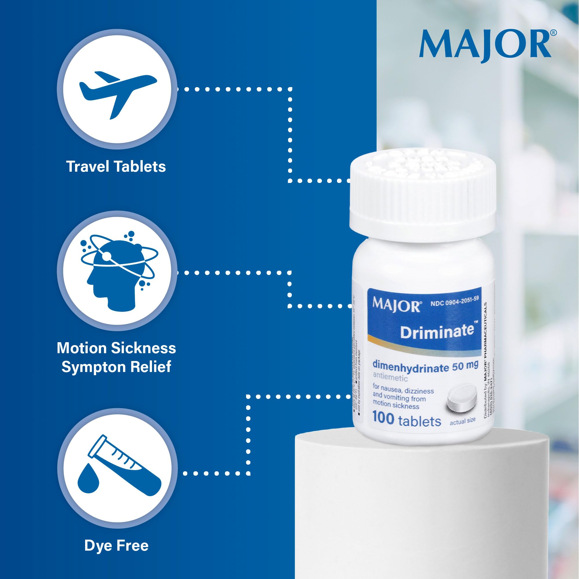 Major Driminate, dosis rápida, alivio posible de náuseas durante vuelos.