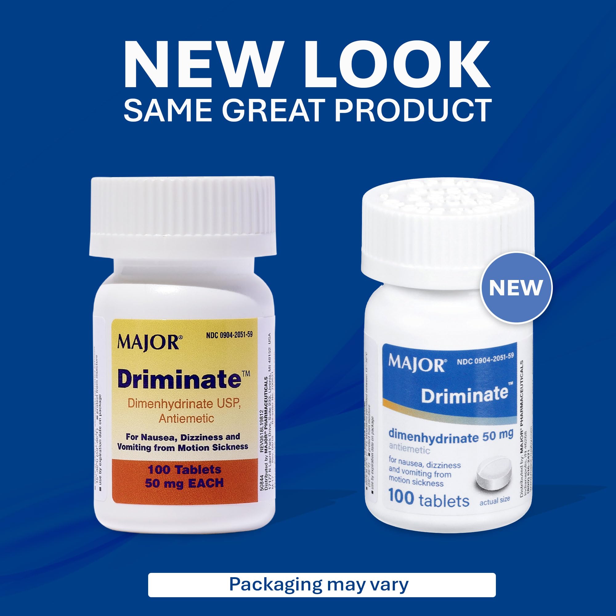 MAJOR Driminate: pastillas blíster, alivio rápido ante náuseas y vértigo.