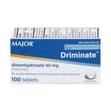 MAJOR Driminate: tabletas dimenhidrinato para alivio rápido del mareo durante viajes.