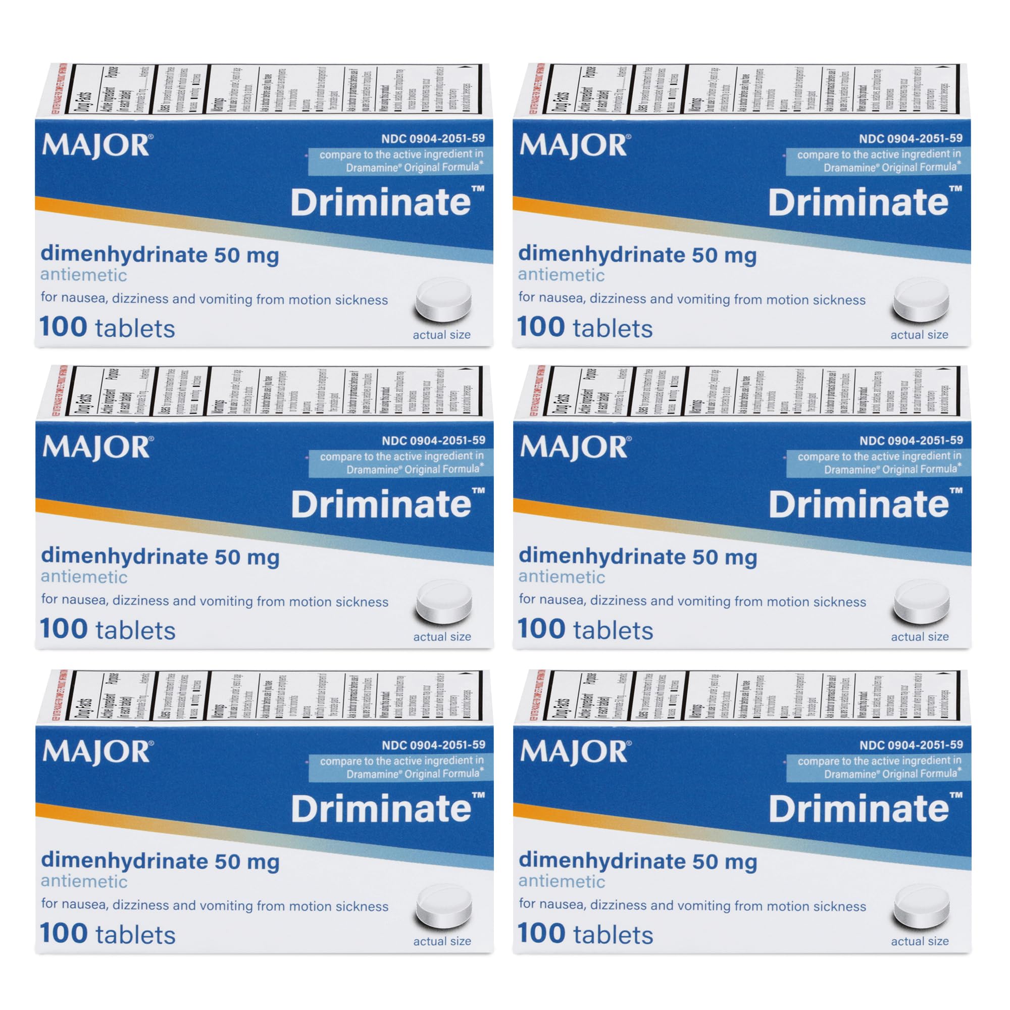 Major Driminate, botella frontal, alivio posible del mareo en viajes.