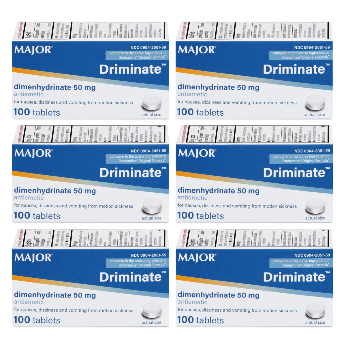Major Driminate, botella frontal, alivio posible del mareo en viajes.