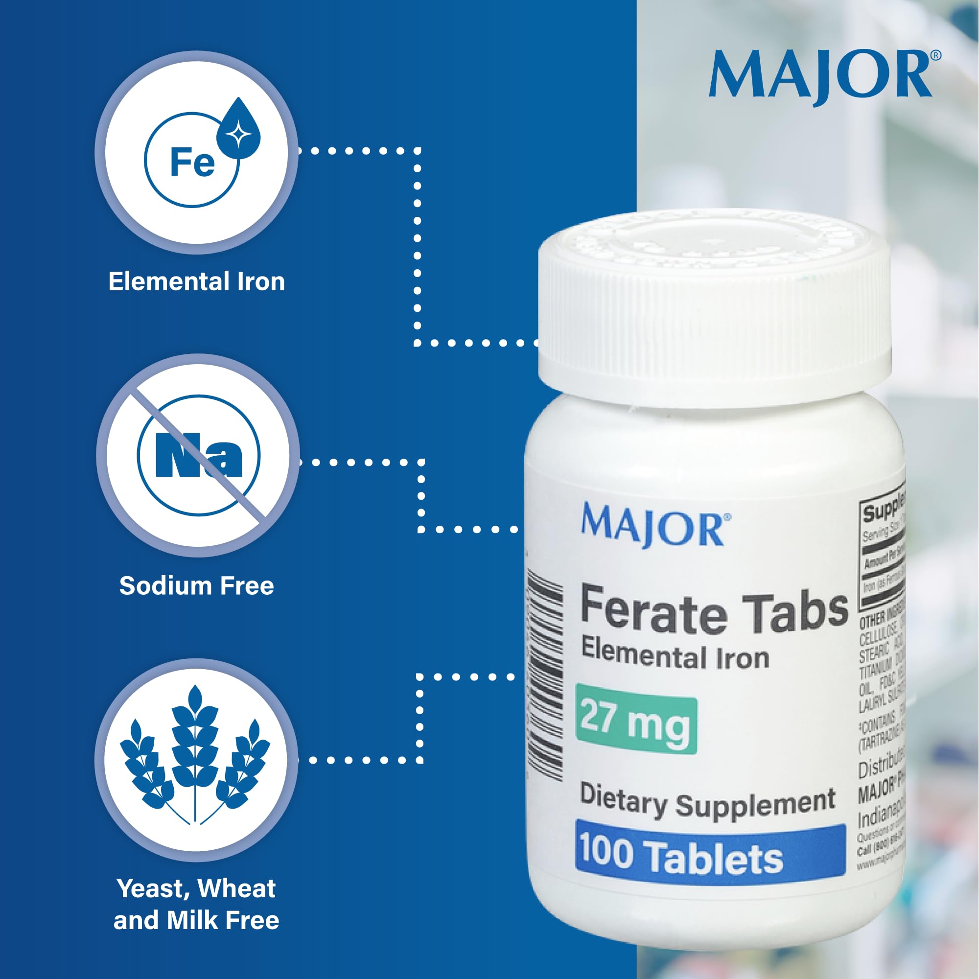 MAJOR Ferate Tabs se muestra con etiqueta y botella para almacenamiento