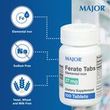 MAJOR Ferate Tabs se muestra con etiqueta y botella para almacenamiento