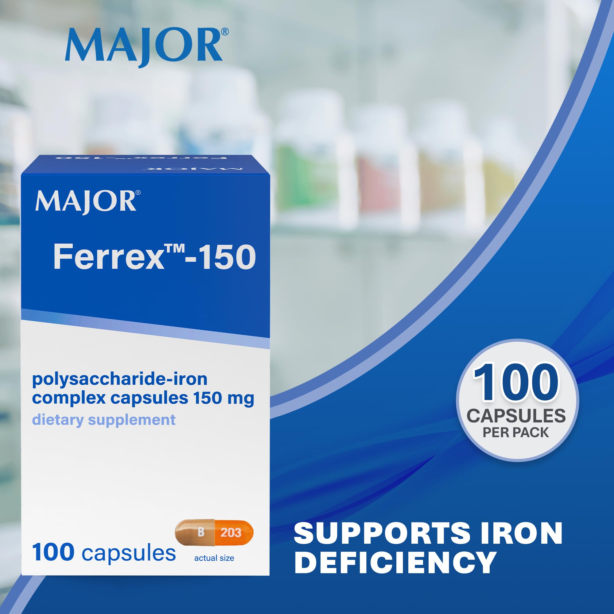 MAJOR Ferrex-150 dosis diarias, formato conveniente para adultos.