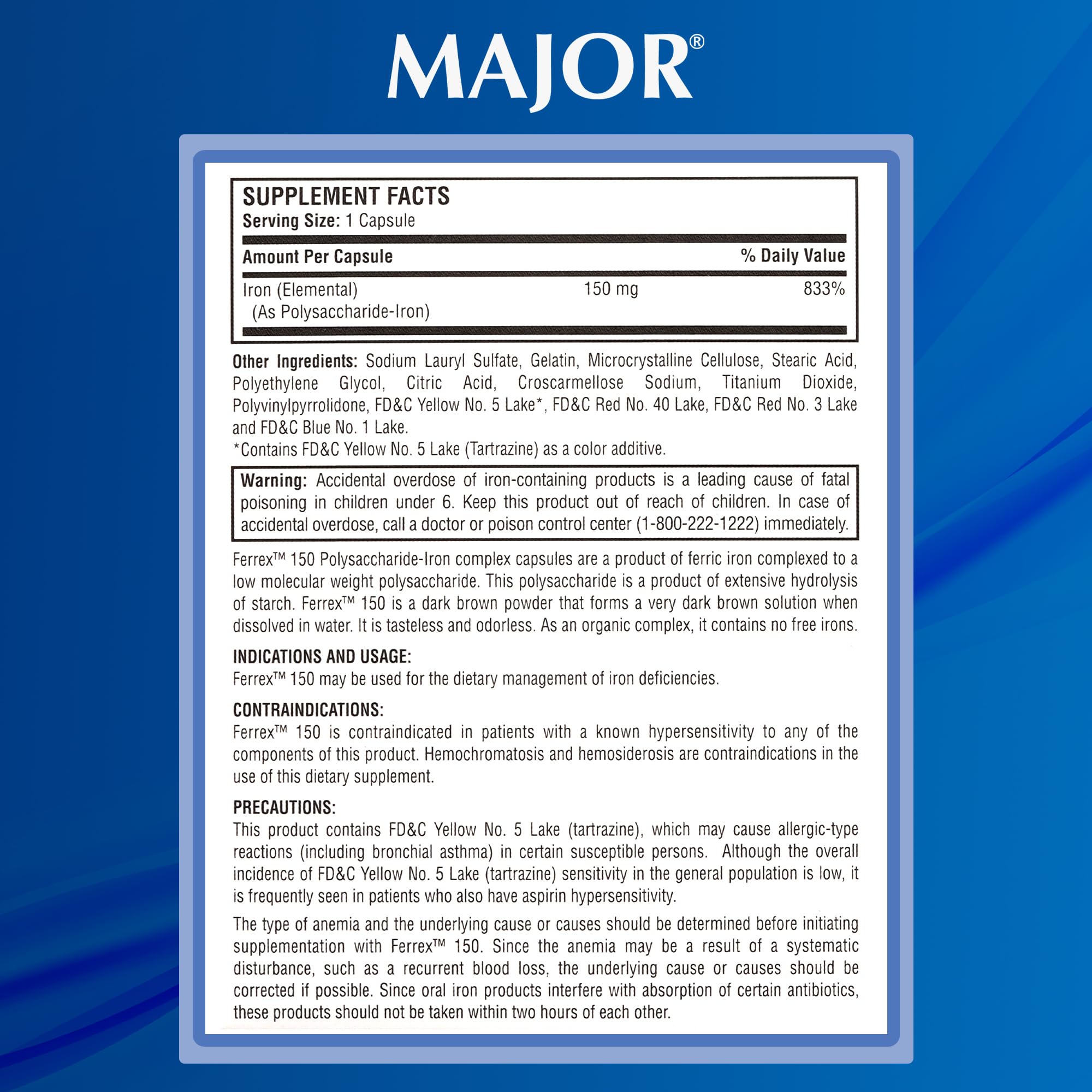 MAJOR Ferrex-150 etiqueta nutricional, datos claros para elegir suplemento.