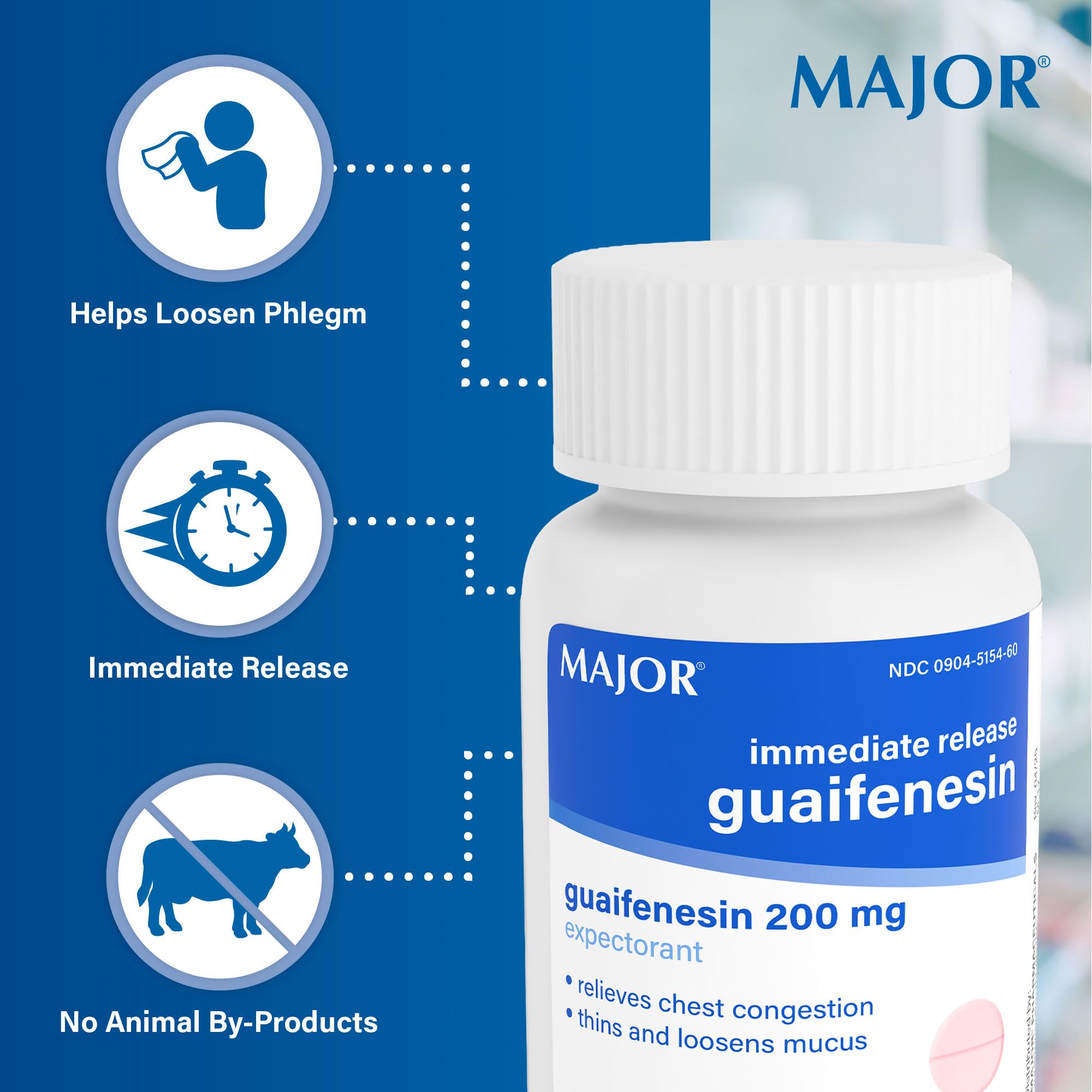MAJOR Guaifenesin tableta close-up revelando ingrediente activo