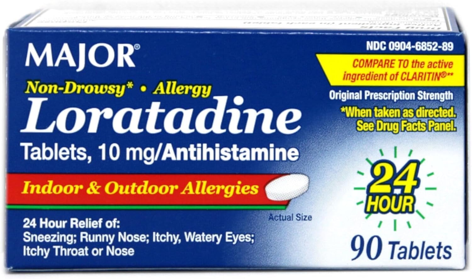 MAJOR Loratadina 10 mg, caja frontal, alivio probable para estornudos diarios.