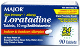 MAJOR Loratadina 10 mg, caja frontal, alivio probable para estornudos diarios.