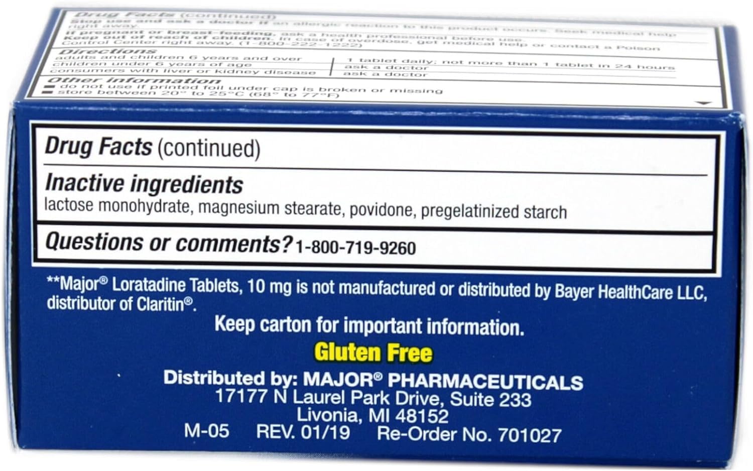 MAJOR Loratadina 10 mg, etiqueta frontal, información clara sobre tabletas.
