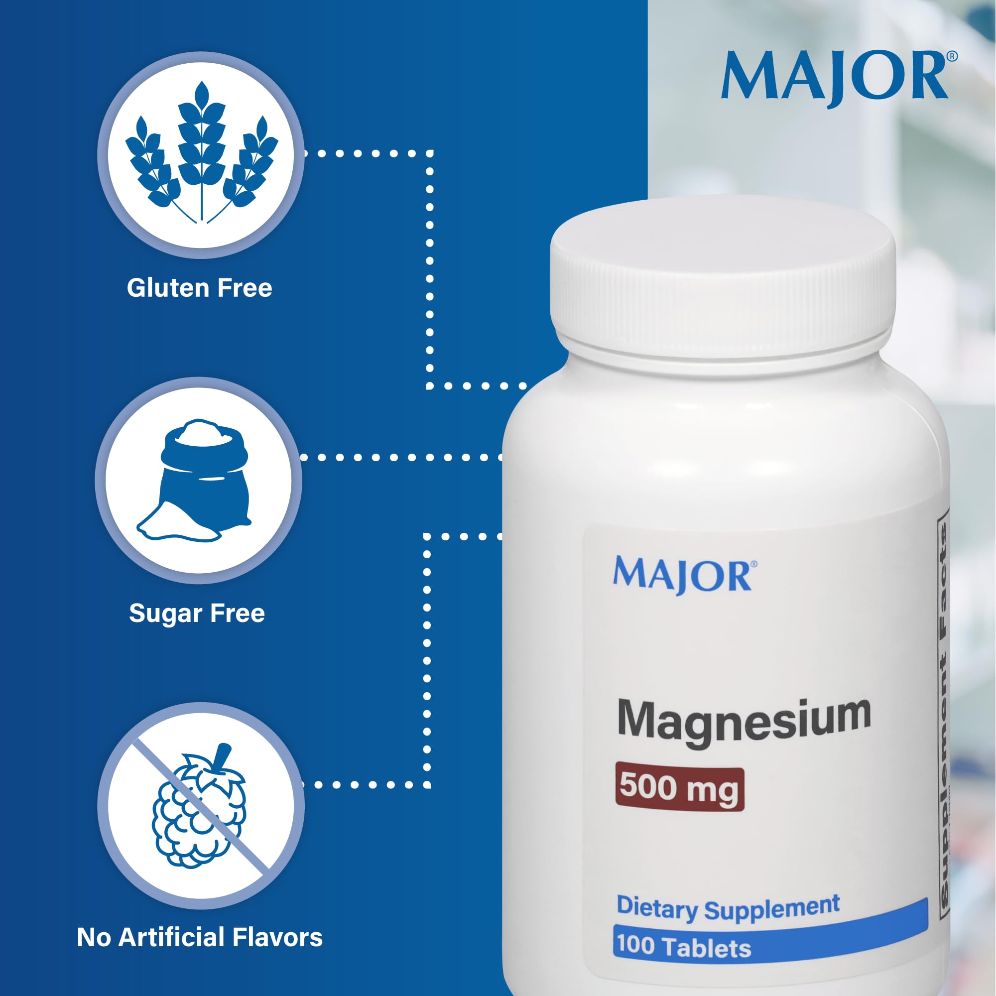 MAJOR Magnesio 500 mg – botella de 100 comprimidos, suplemento dietético práctico.