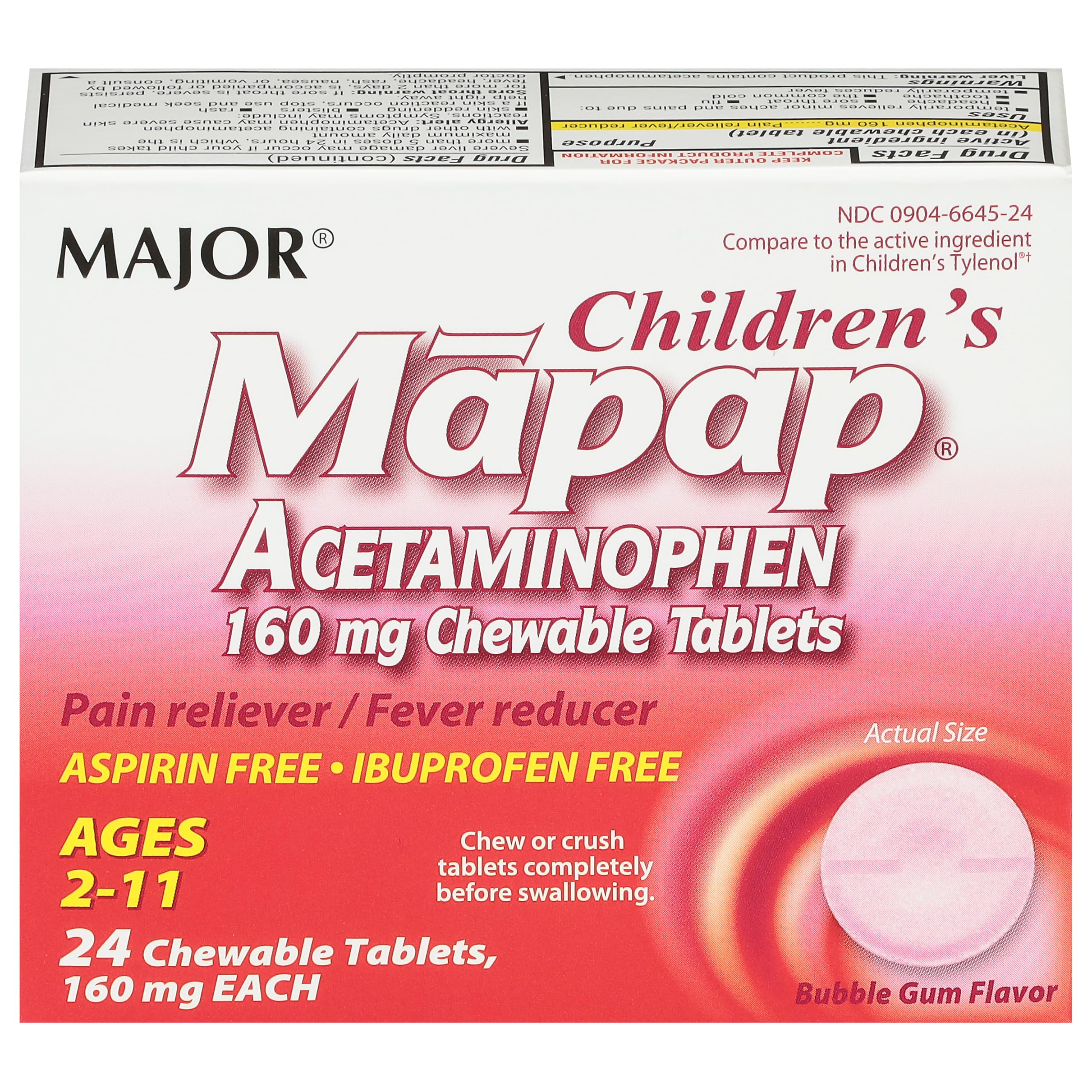 MAJOR Mapap tableta masticable acetaminofen 160 mg para fiebre y dolor leve.