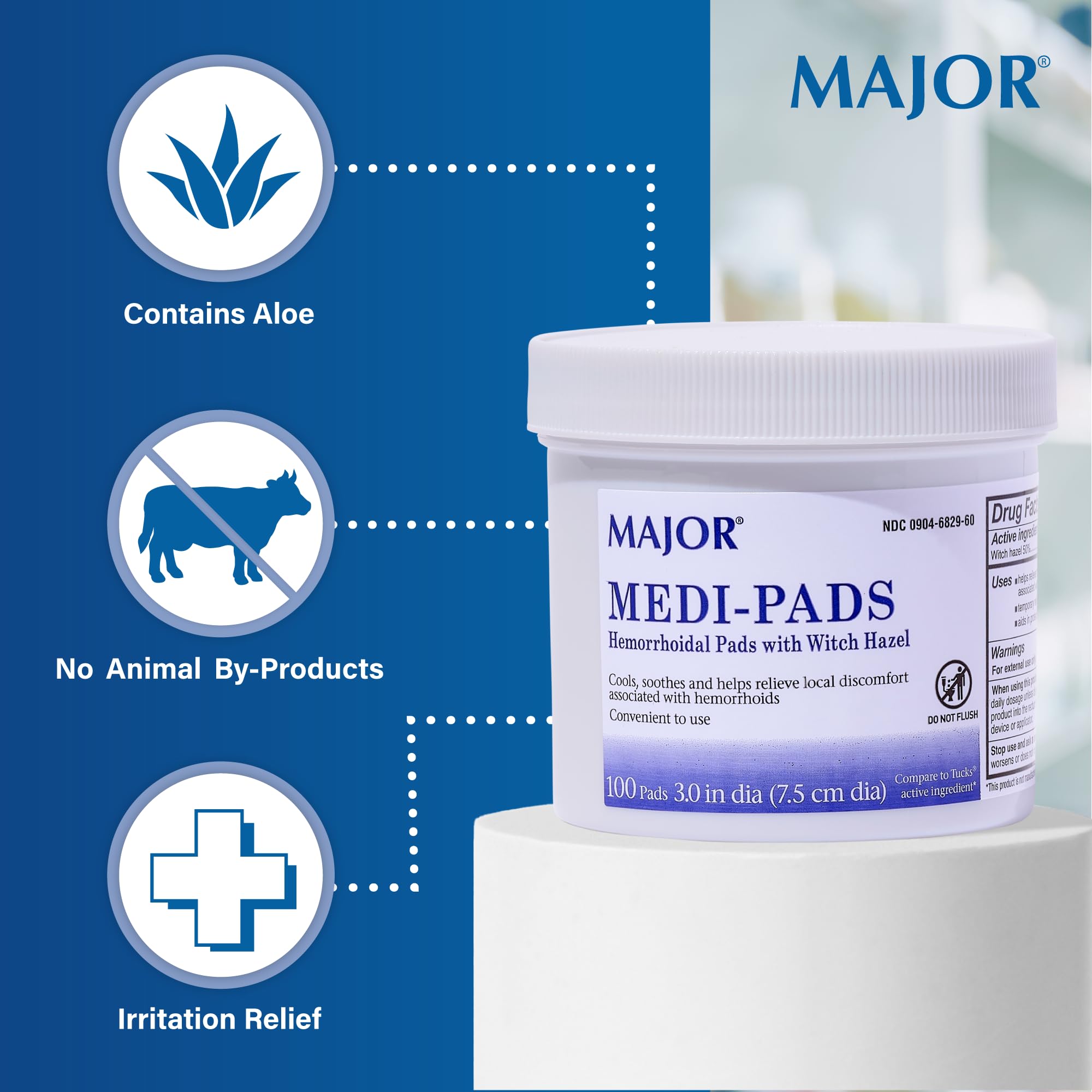 MAJOR Medi-Pads: aplicación externa suave con hamamelis para confort.