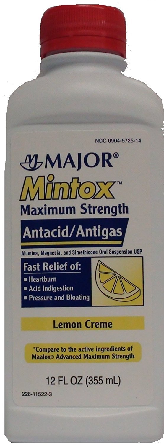 Major Mintox etiqueta muestra ingredientes: aluminio, magnesio y simeticona para indigestión.