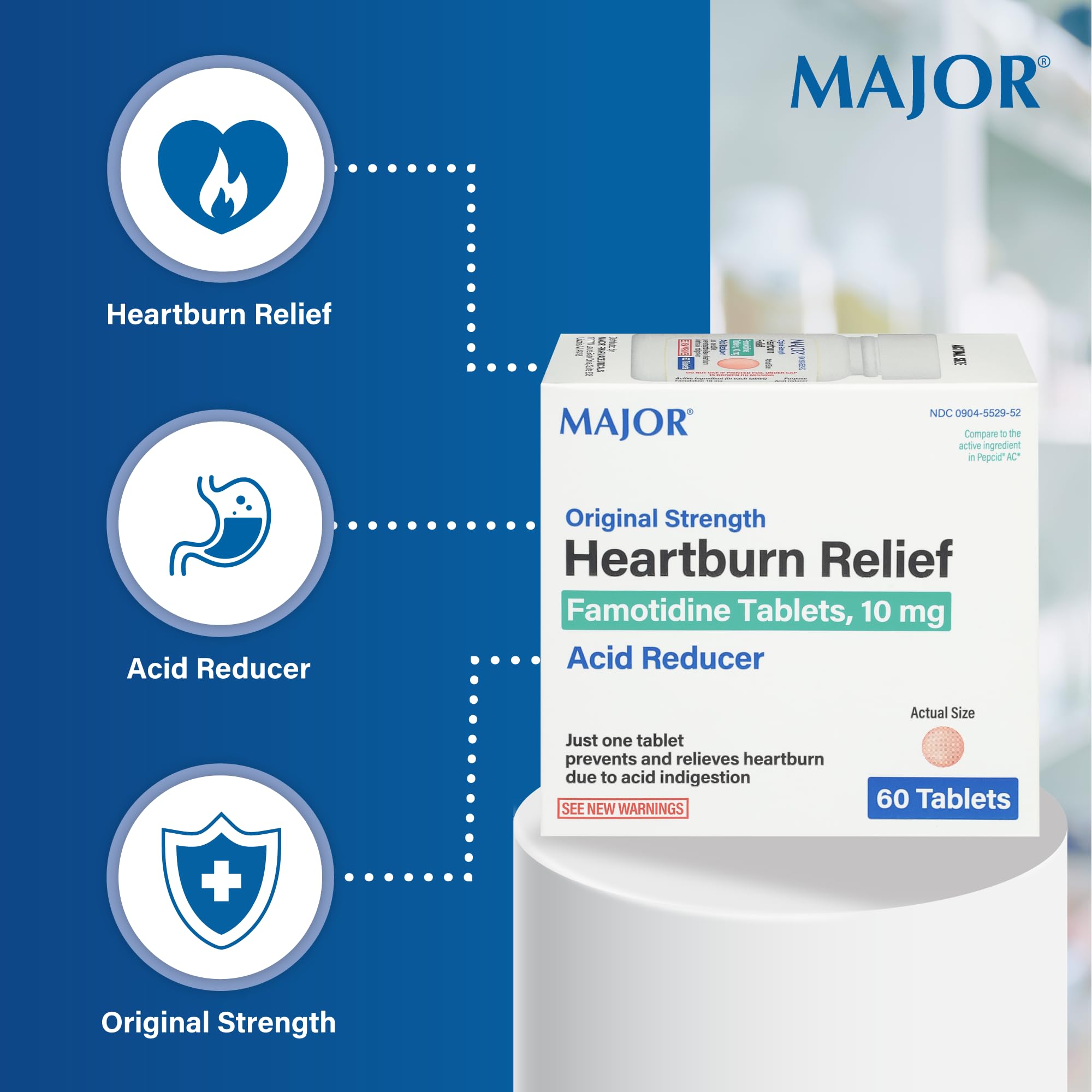 Etiquetas Major con famotidina 10 mg para reducir la acidez