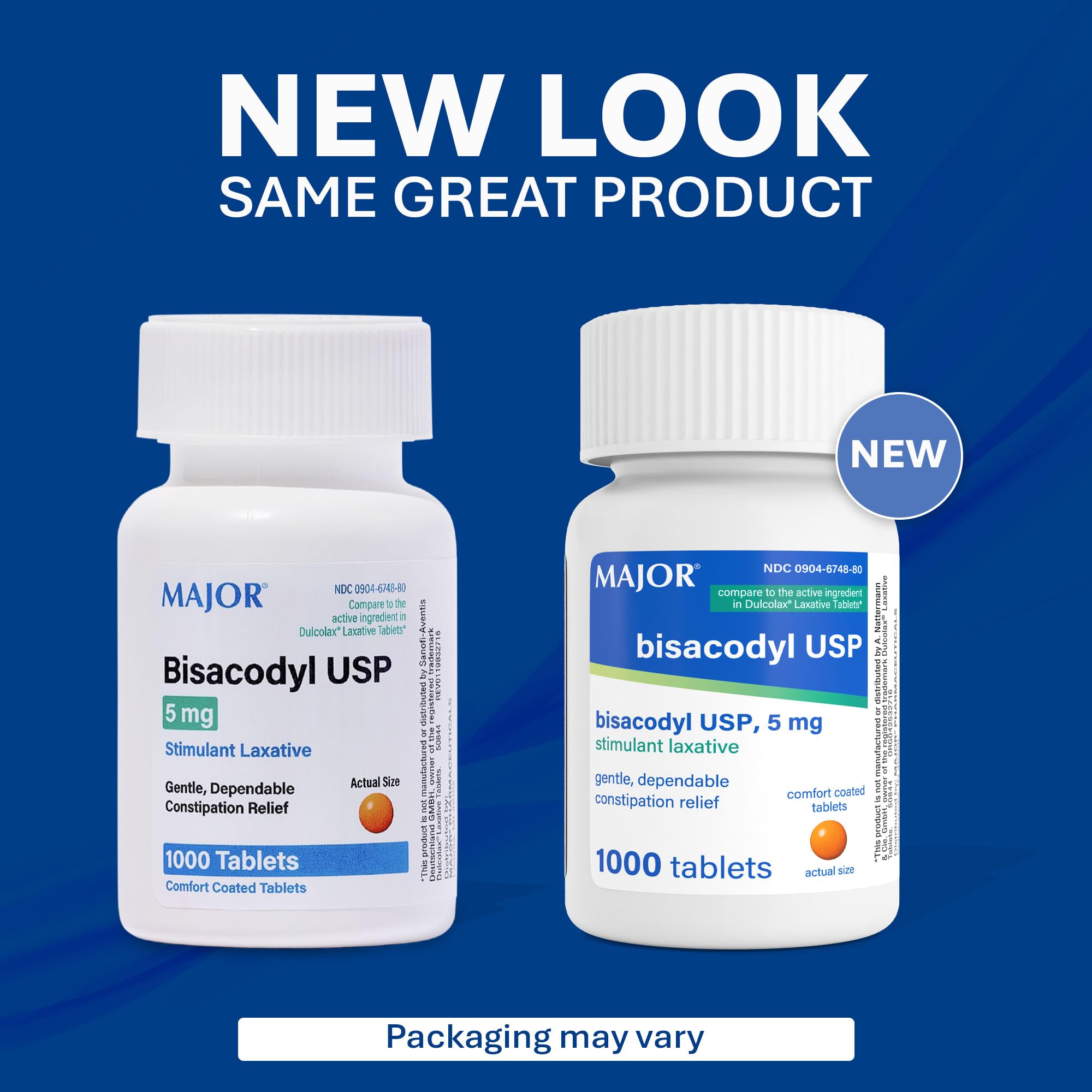 Major Pharmaceuticals Bisacodyl 5 mg, botella de tabletas recubiertas lista para usar