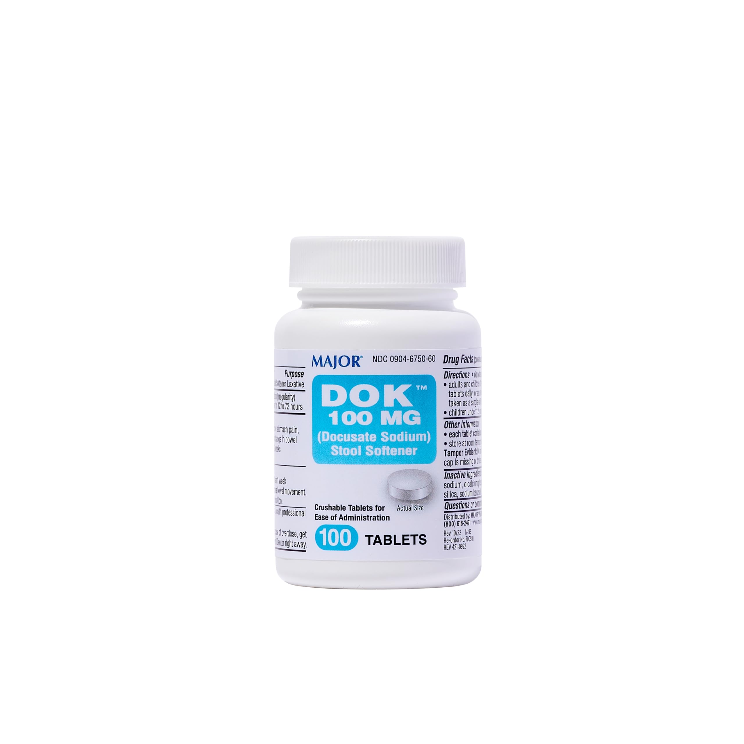 Major Pharmaceuticals Docusato Sódico 100 mg: envase de tabletas para facilitar el paso suave de las heces