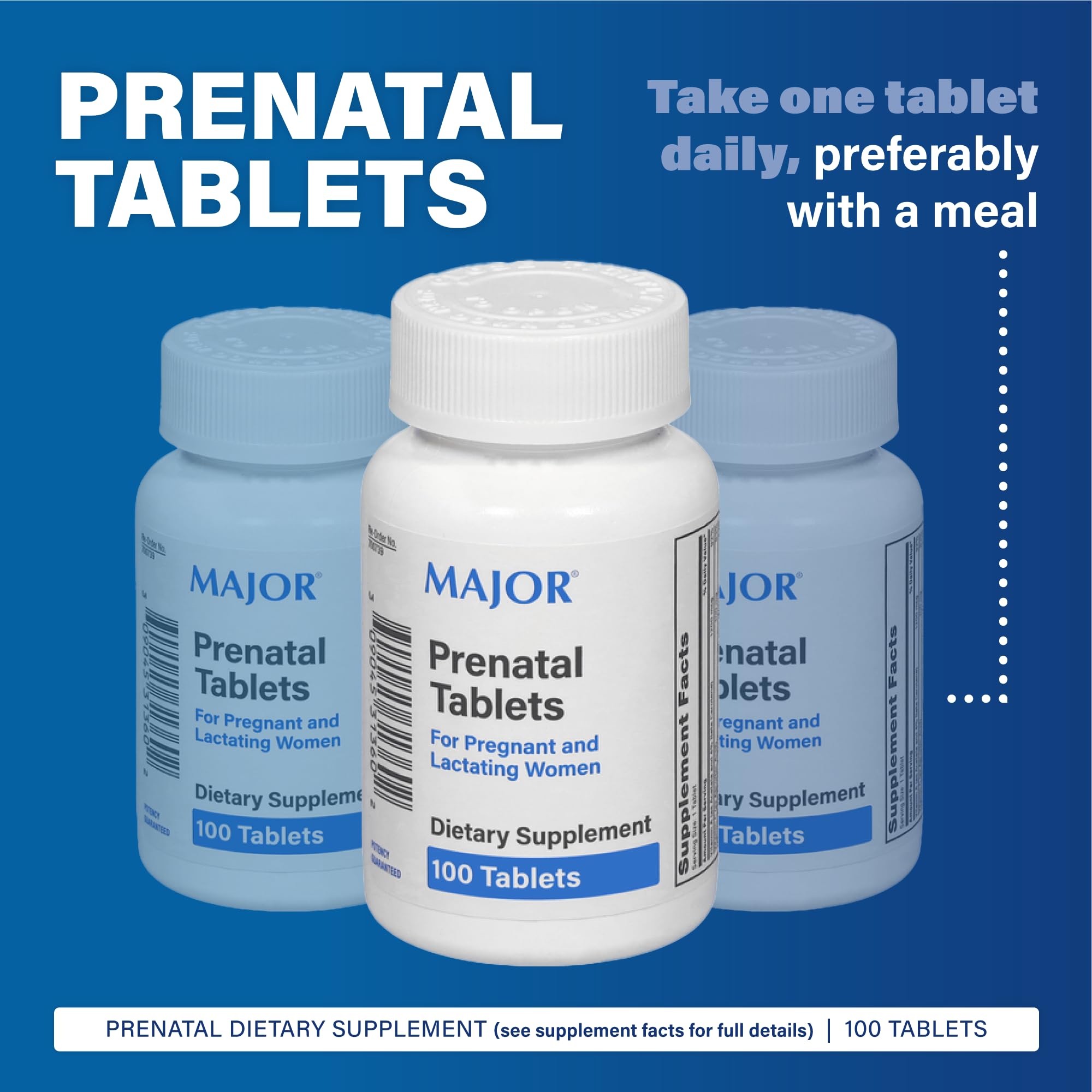 MAJOR tabletas prenatales, ingredientes clave visibles en etiqueta.
