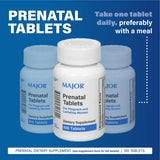 MAJOR tabletas prenatales, ingredientes clave visibles en etiqueta.