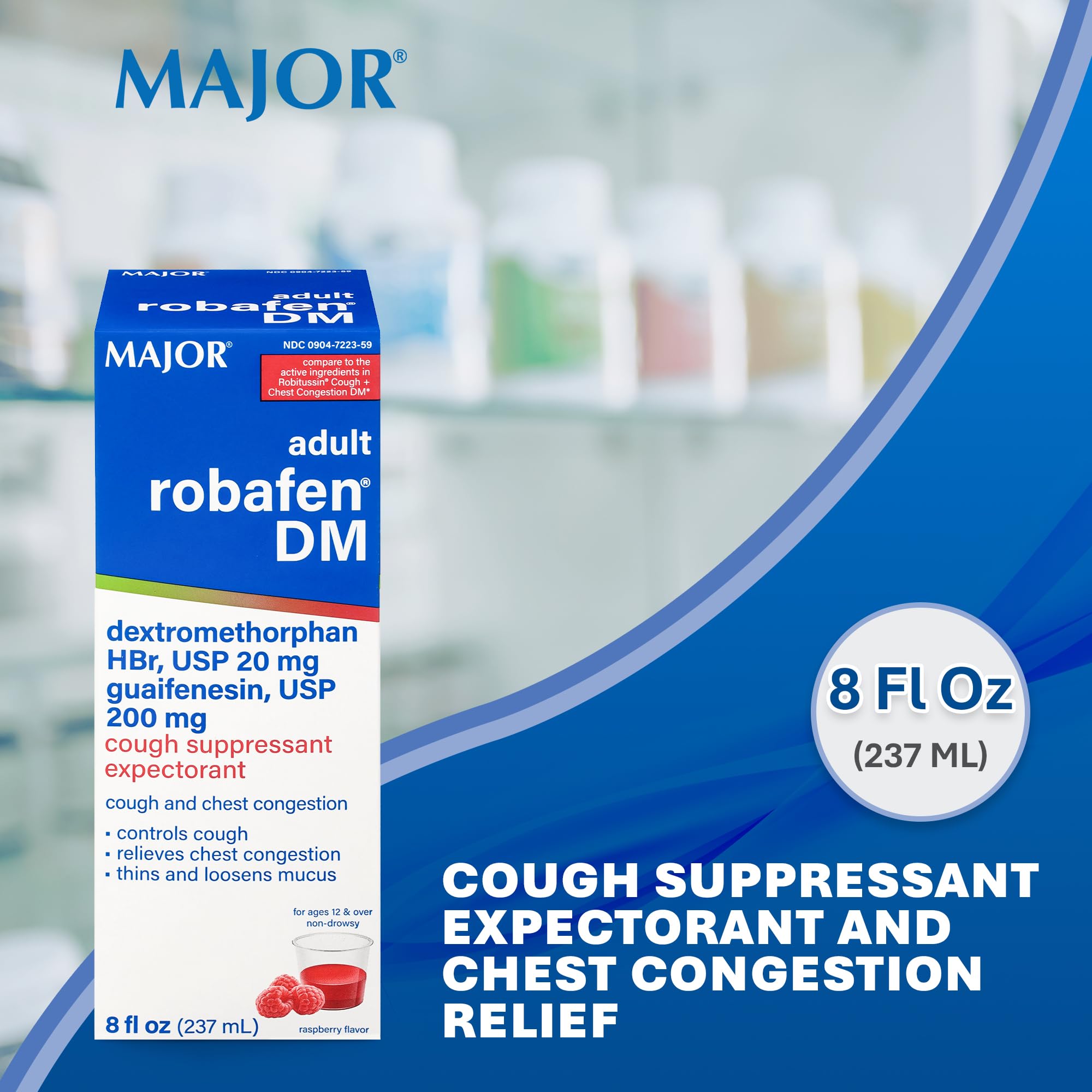 Etiqueta frontal de Major Robafen DM con información de dosis