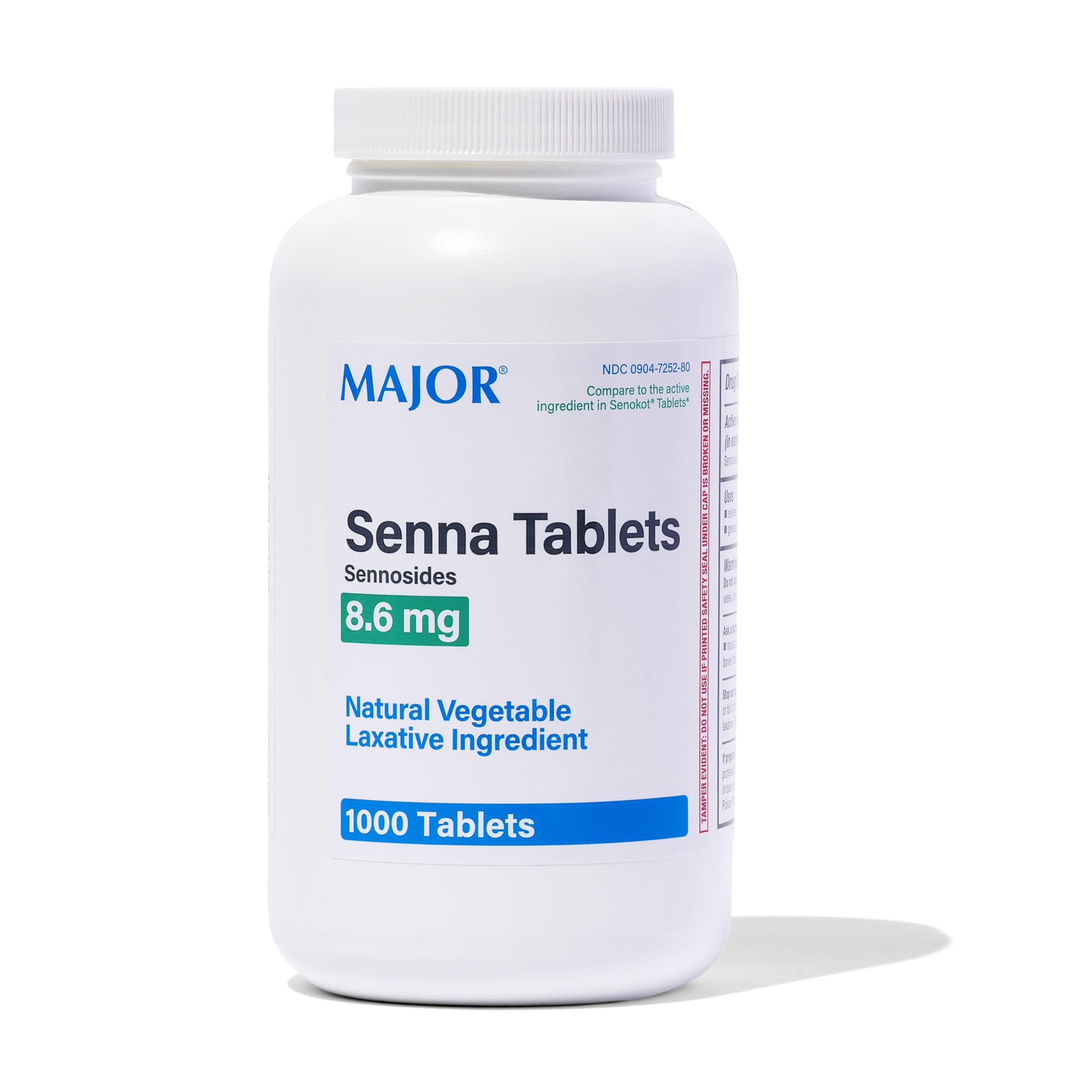 Major Senna: tableta laxante vegetal en frasco, promueve la regularidad diaria.