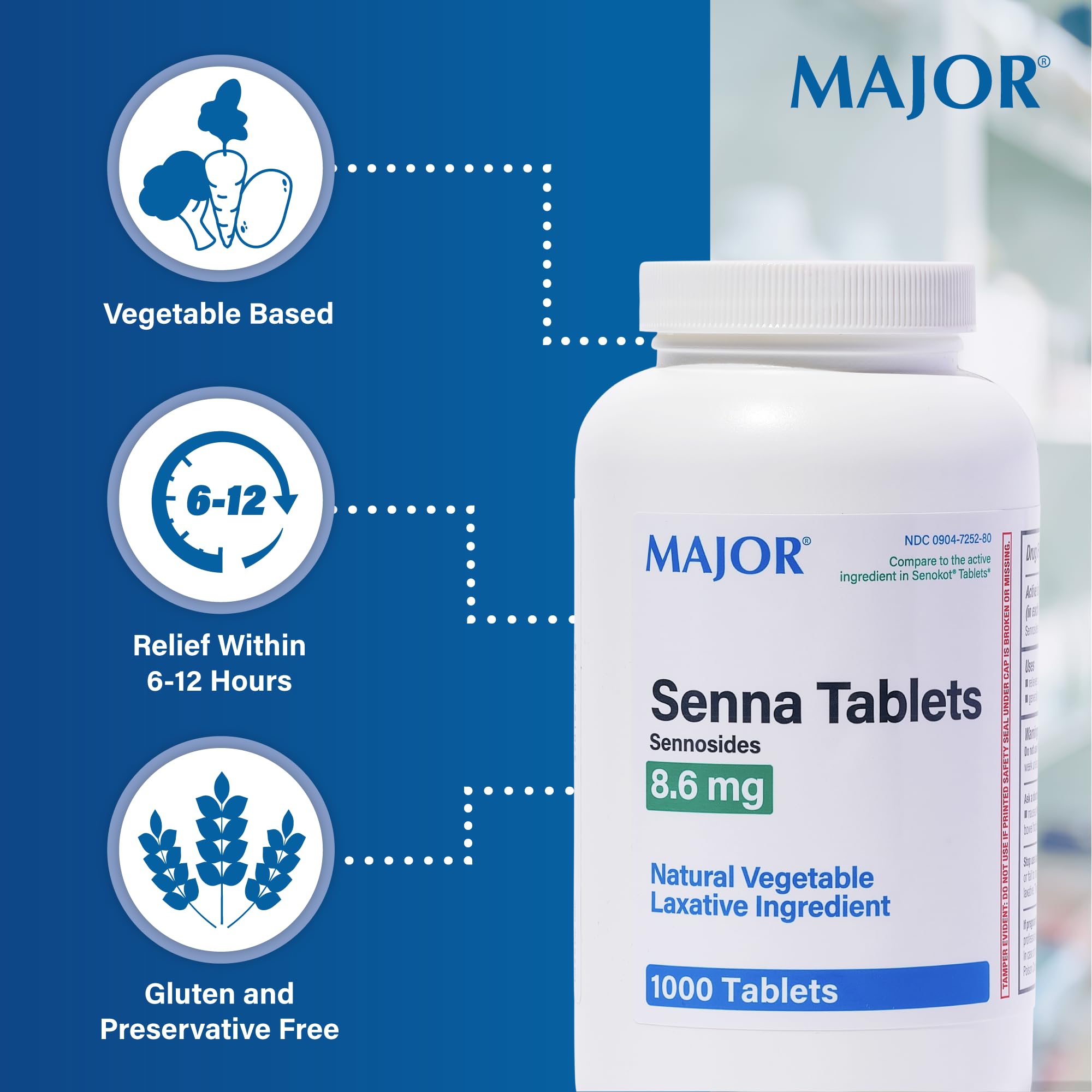 MAJOR Senna: dosis diaria sugerida de 2 tabletas para un posible movimiento intestinal.
