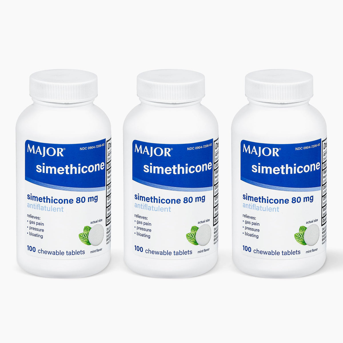 MAJOR Simeticona tableta masticable en empaque 3 pack, alivio de gases para uso diario.
