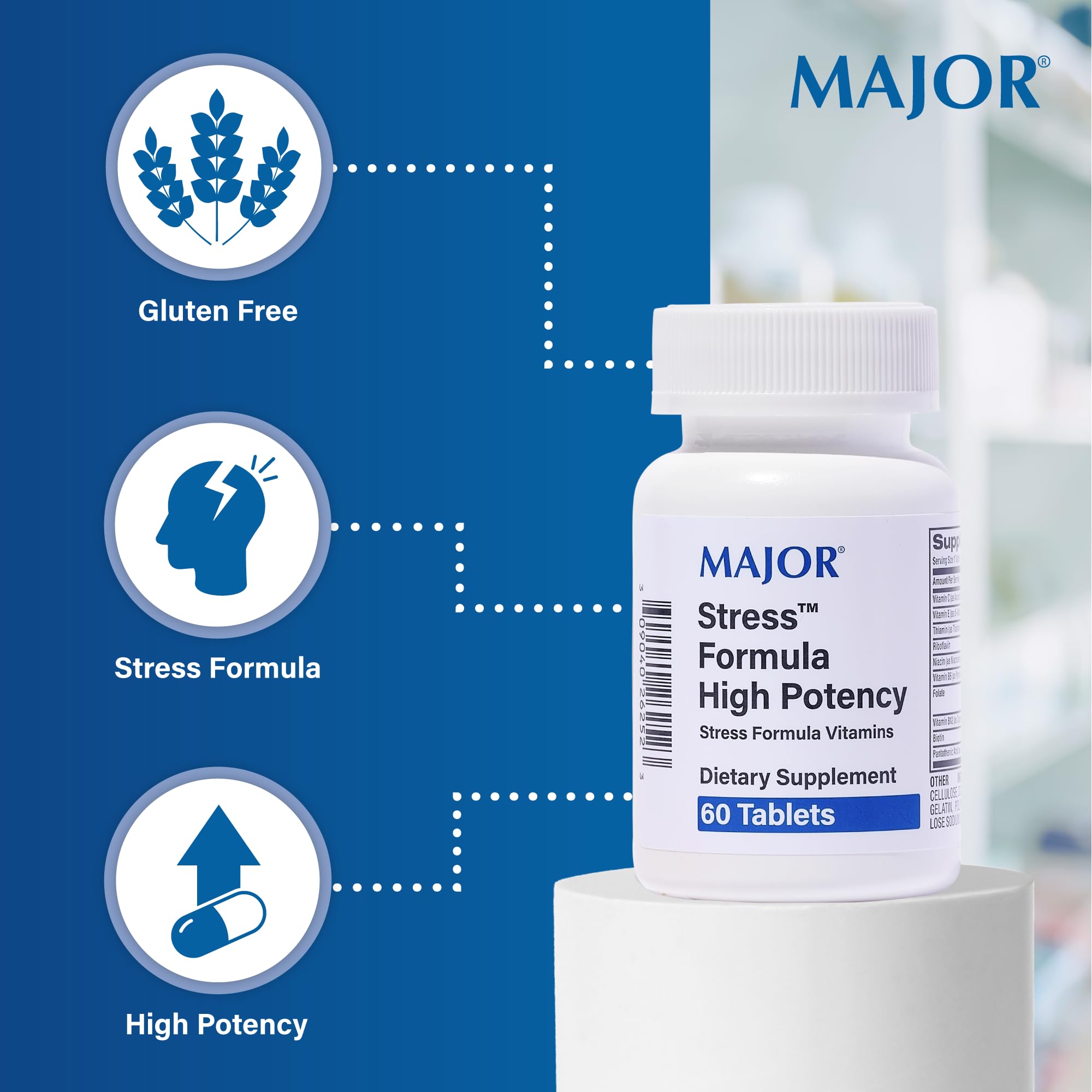 Etiqueta frontal de MAJOR Stress Formula con ingredientes clave