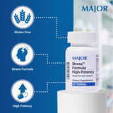Etiqueta frontal de MAJOR Stress Formula con ingredientes clave