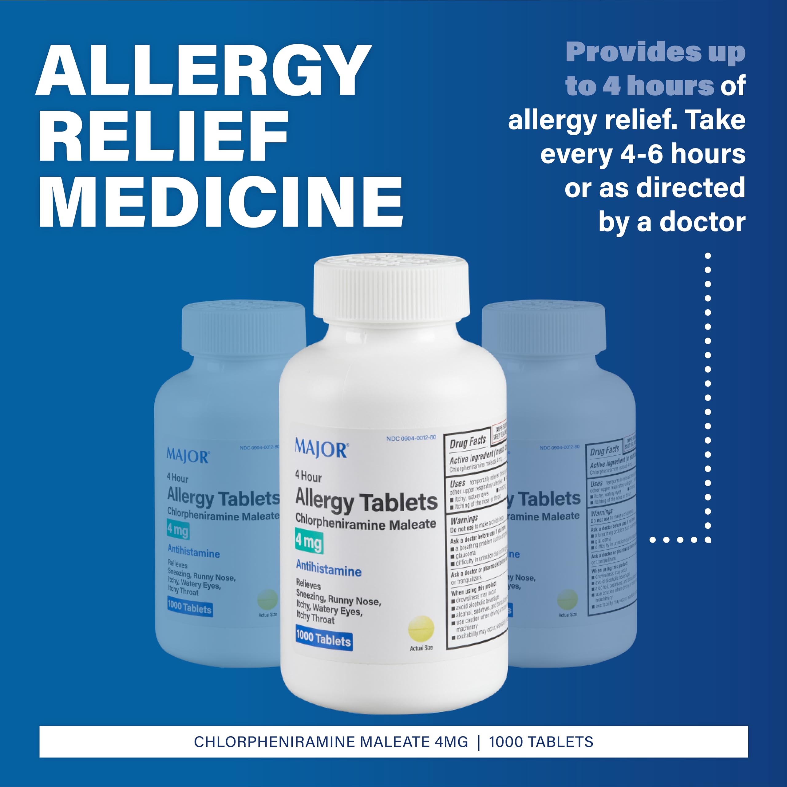 MAJOR tabletas alergia 4 mg en vista cercana, muestra la dosis de uso.