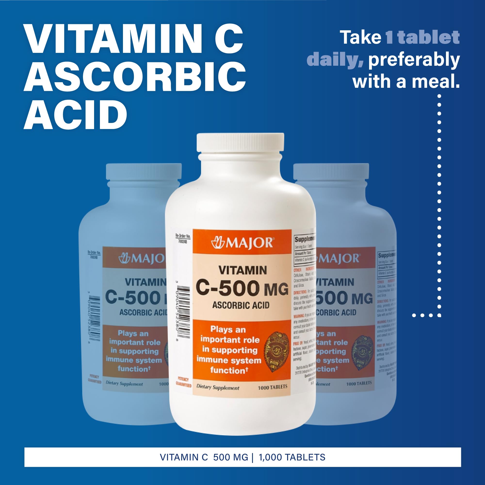MAJOR Vitamina C-500mg: dosificación diaria visible en la etiqueta para rutina fiable