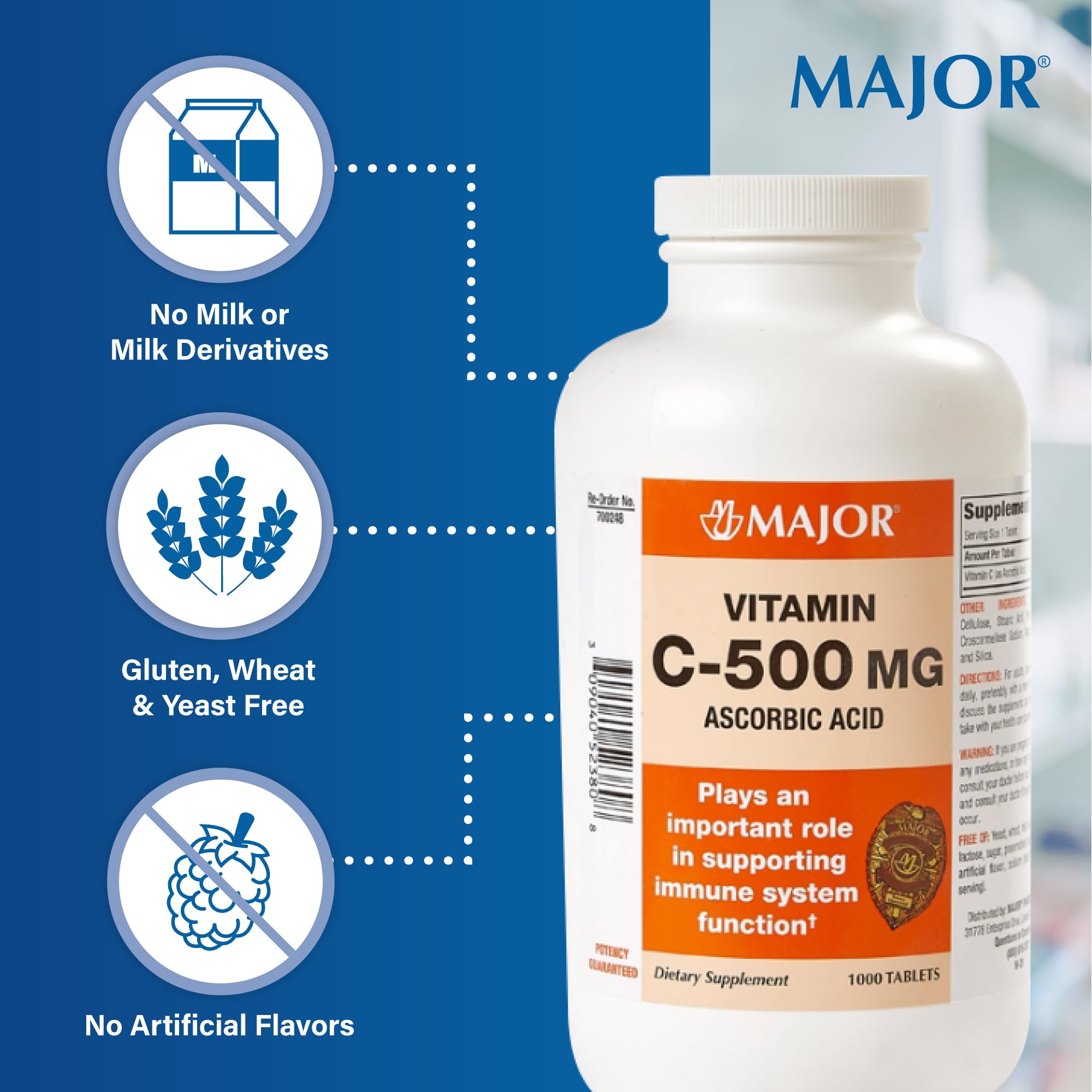 MAJOR Vitamina C-500mg: etiqueta clara que facilita verificar 500 mg por tableta