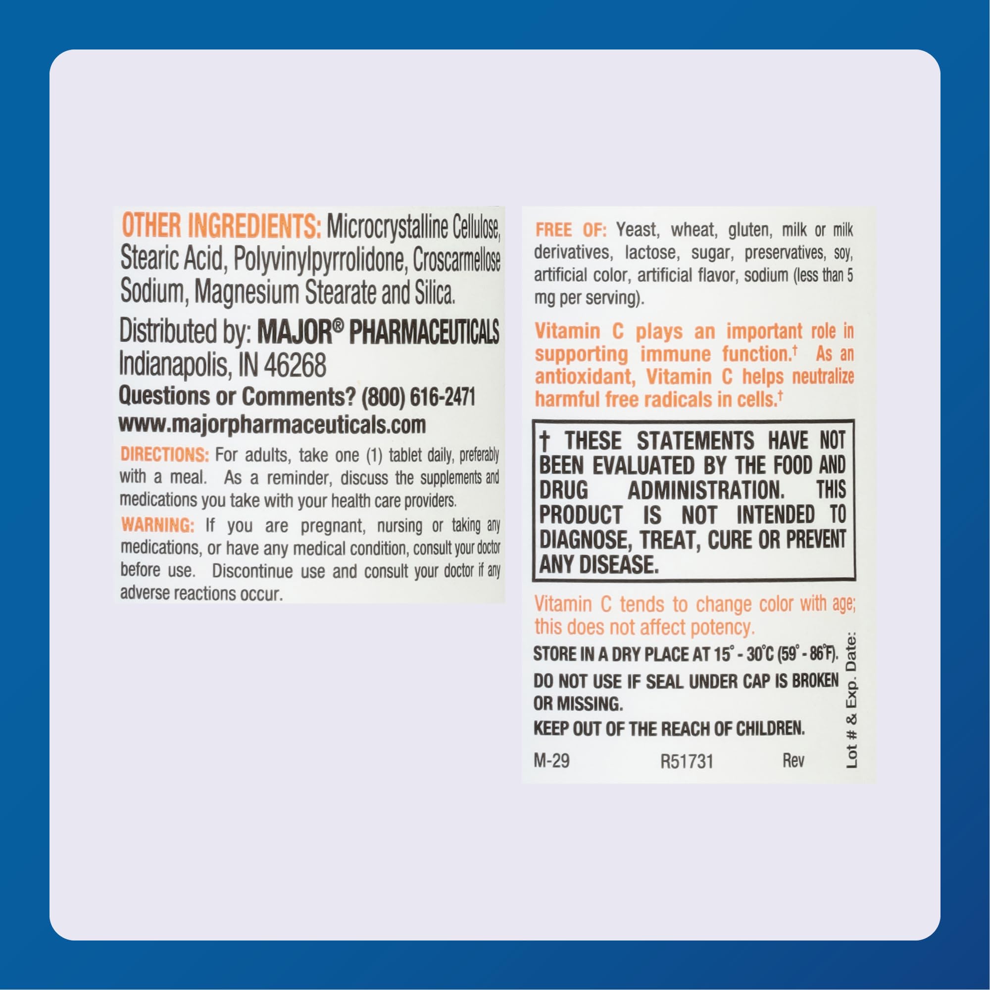 MAJOR vitamina C 500 mg, caja y tabletas, complemento diario práctico.