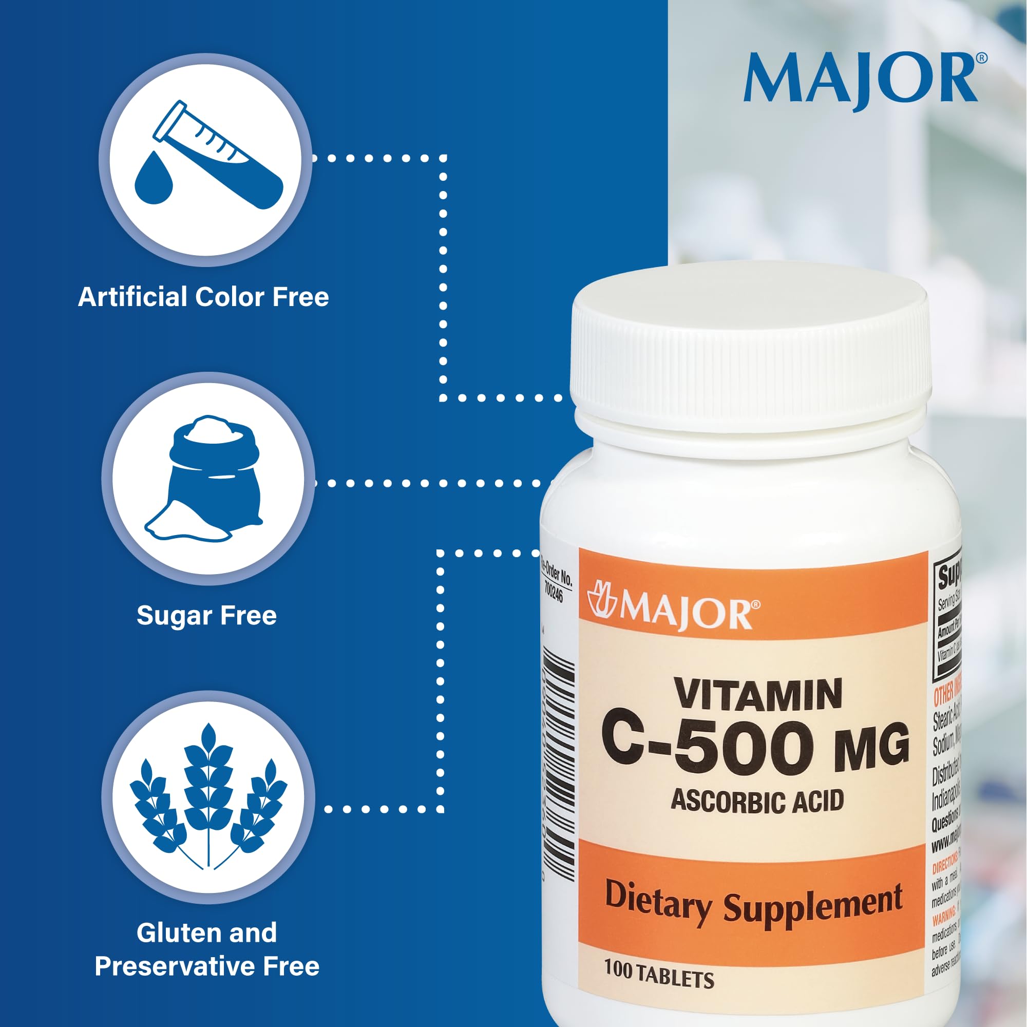 MAJOR vitamina C 500 mg, detalle de tableta, dosis clara para toma diaria.