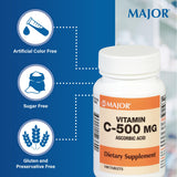 MAJOR vitamina C 500 mg, detalle de tableta, dosis clara para toma diaria.