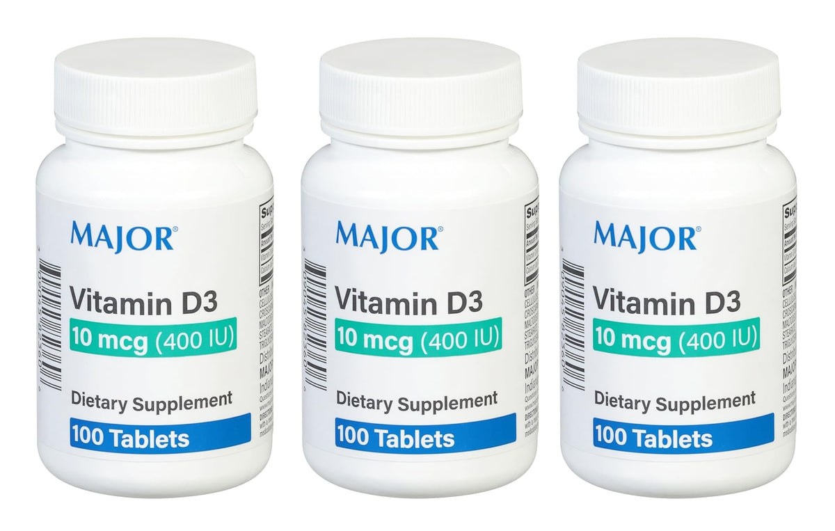 MAJOR Vitamina D3 10mcg, enfoque en tableta para apoyo diario del bienestar.