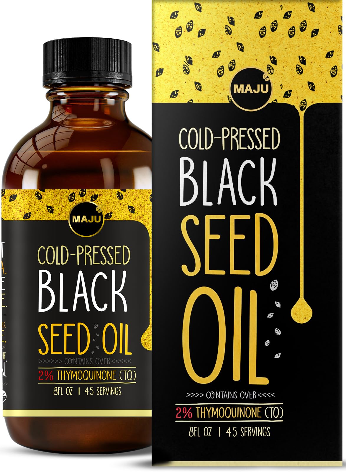MAJU Aceite de Semilla Negra en frasco de cristal; sabor suave y uso culinario versátil.