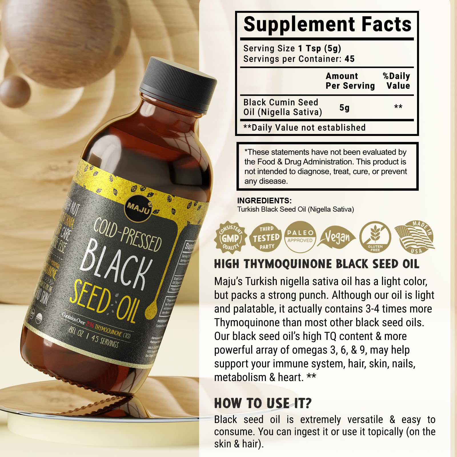 MAJU Aceite de Semilla Negra, botella con dispensador; dosificación precisa.