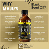 MAJU Aceite de Semilla Negra, detalle de timocinoquinona; perfil aromático intenso.