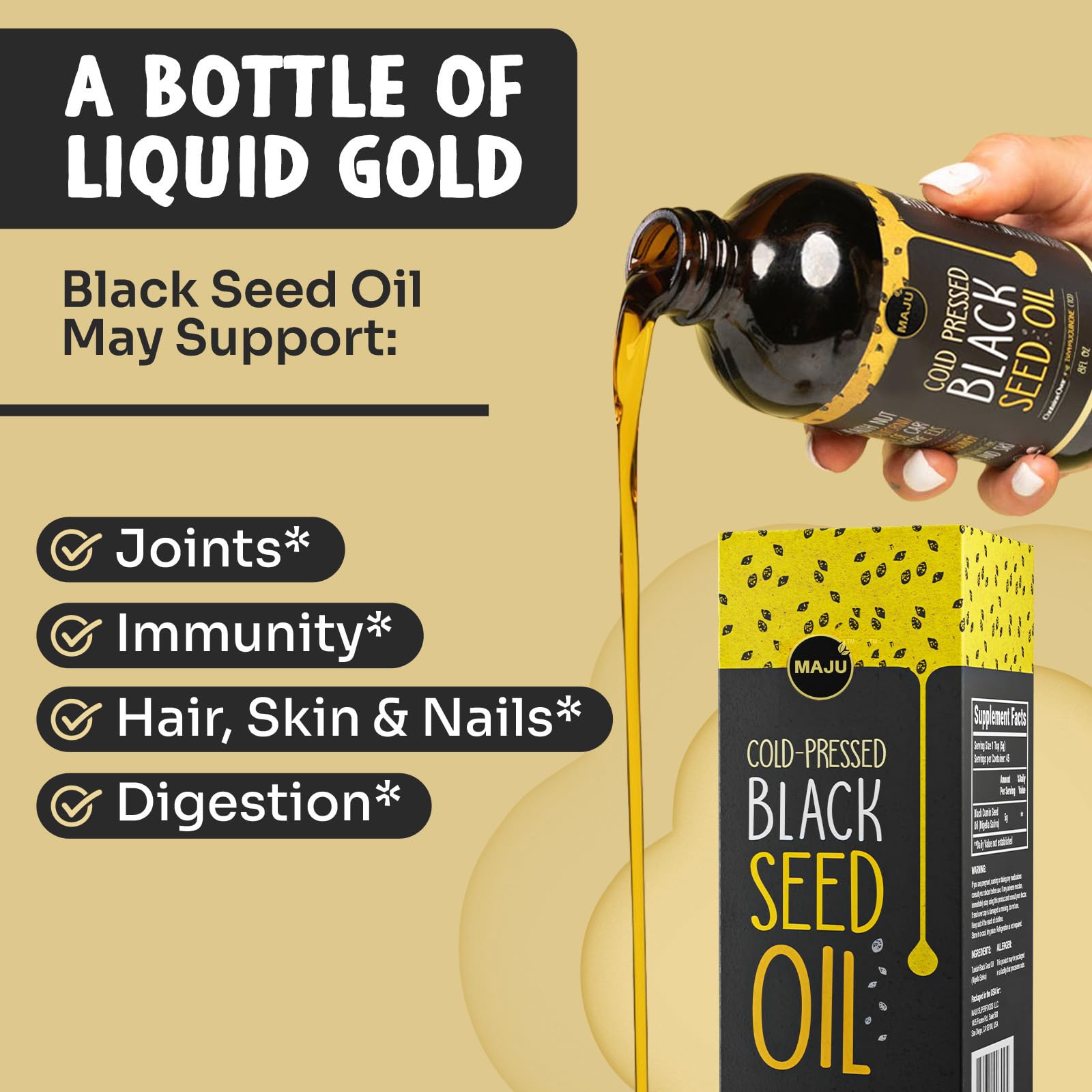 MAJU Aceite de Semilla Negra, etiqueta clara; adecuado para cocinas diarias.