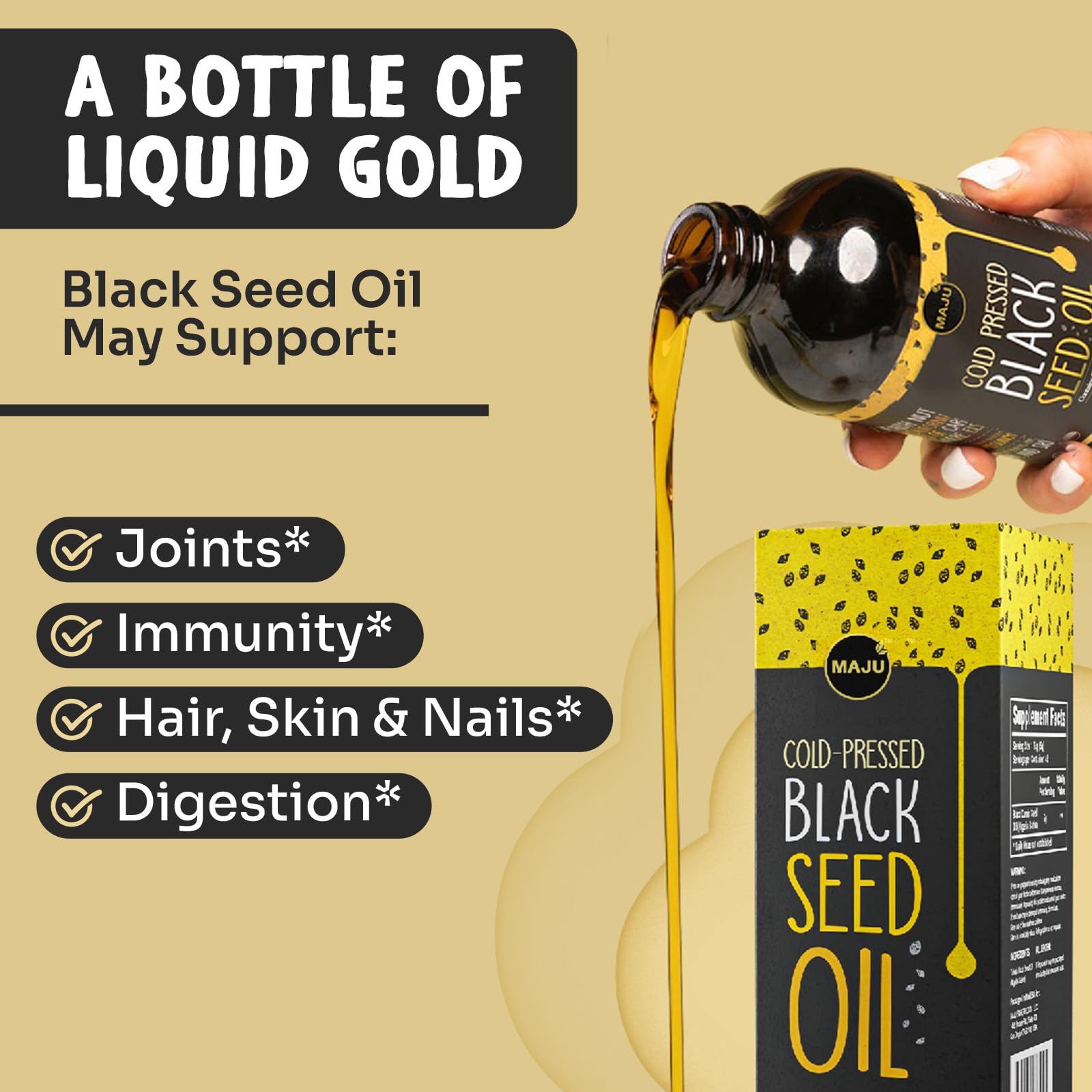 MAJU Aceite de Semilla Negra etiqueta frontal con información de uso.