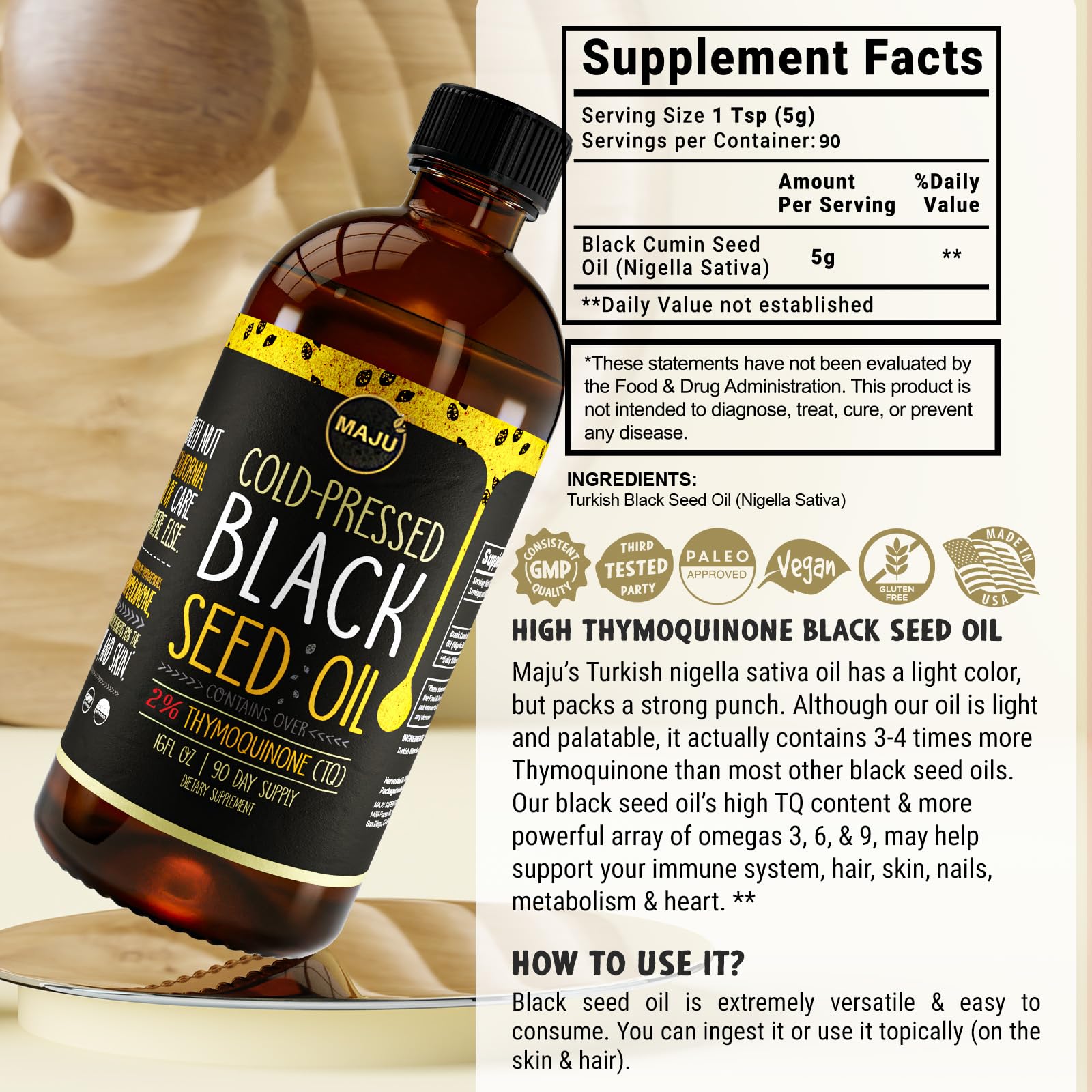 MAJU Aceite de Semilla Negra rutina diaria para bienestar general.