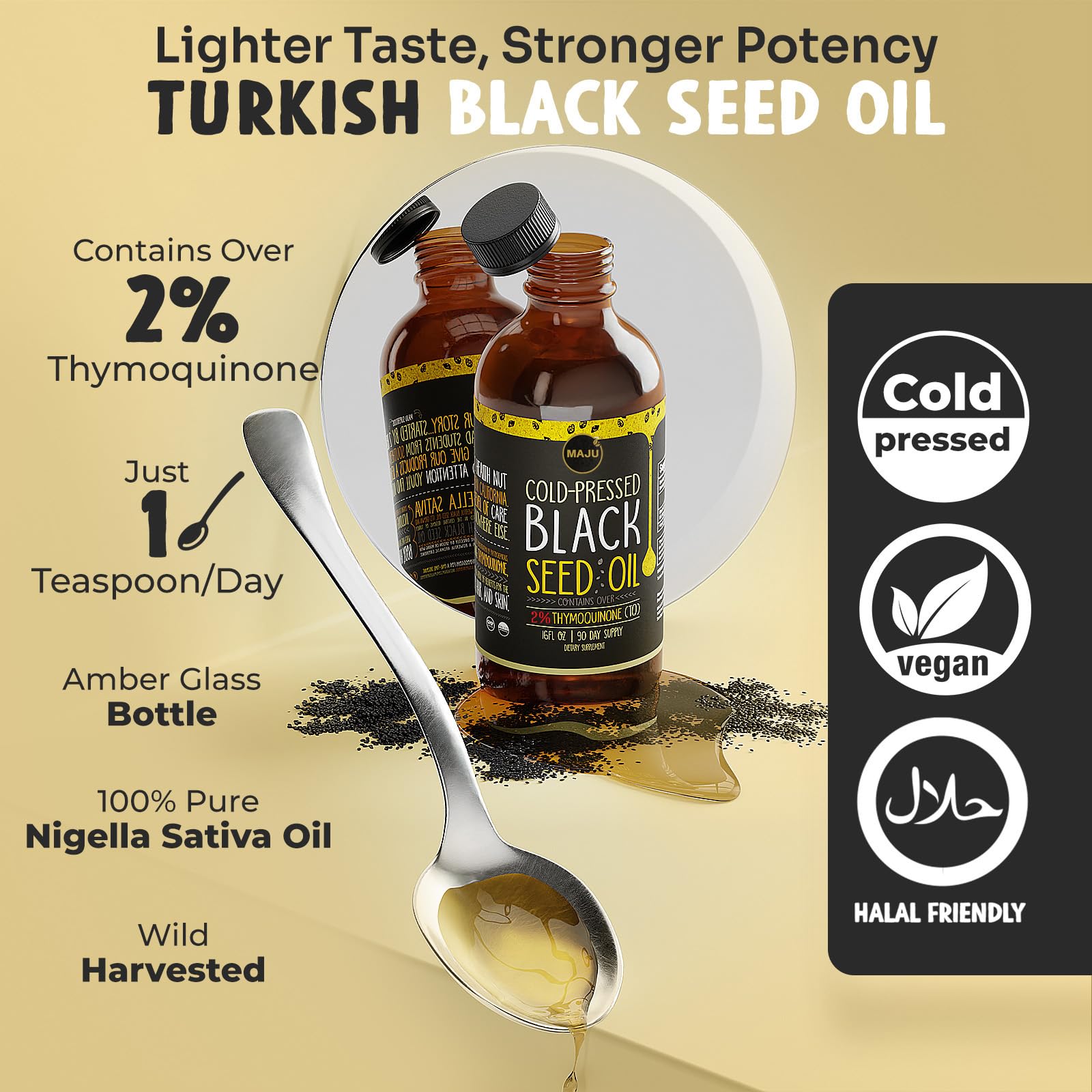 MAJU Aceite de Semilla Negra con tapa del frasco para almacenamiento seguro.
