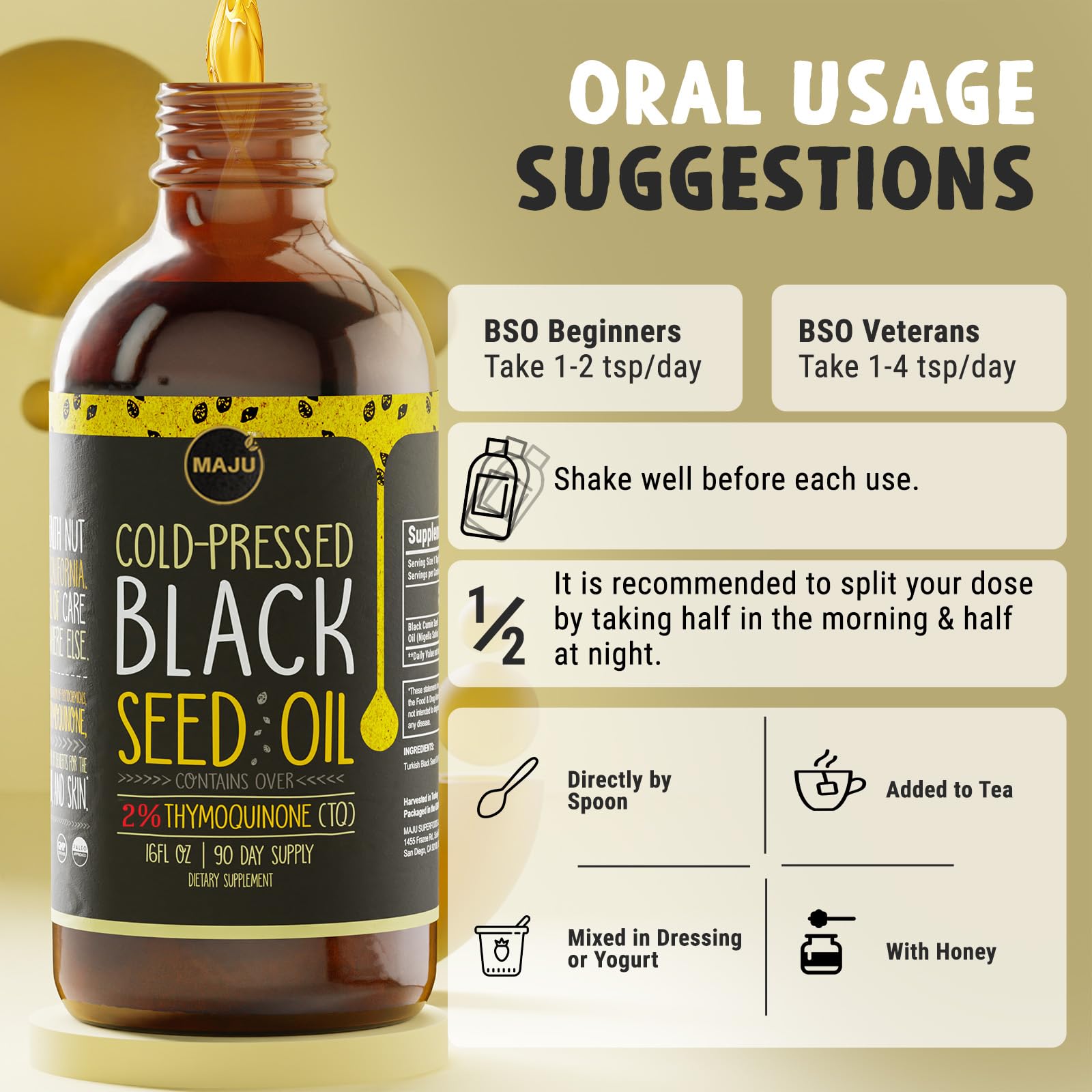 MAJU Aceite de Semilla Negra uso cosmético suave para piel y cabello.