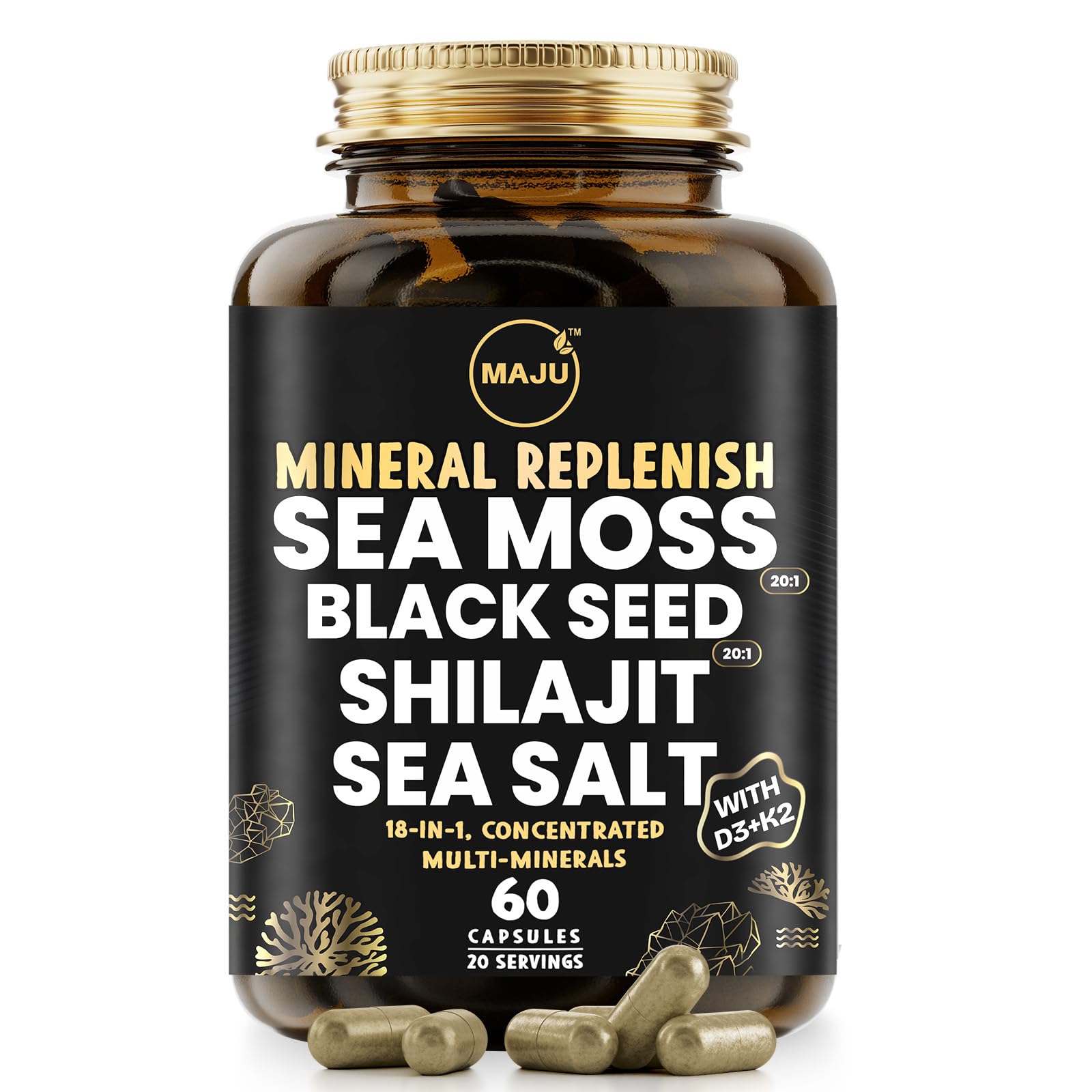 Maju Superfoods 18 en 1, botella de alga marina para hidratación y bienestar diario.